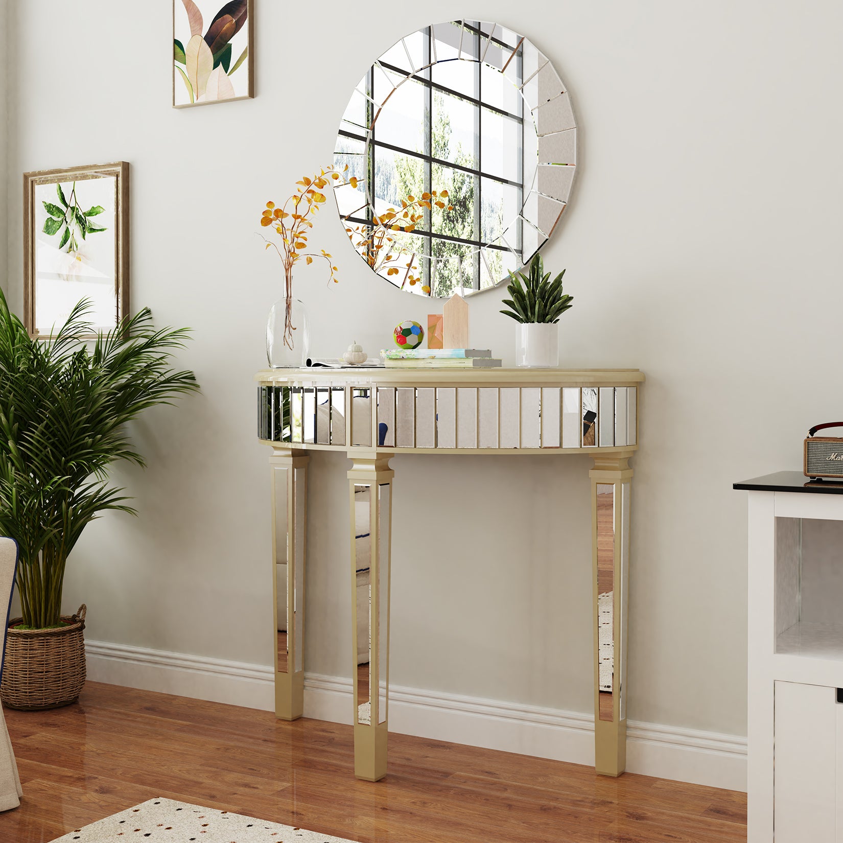 Half-moon Silver Mirrored Console Entryway Table