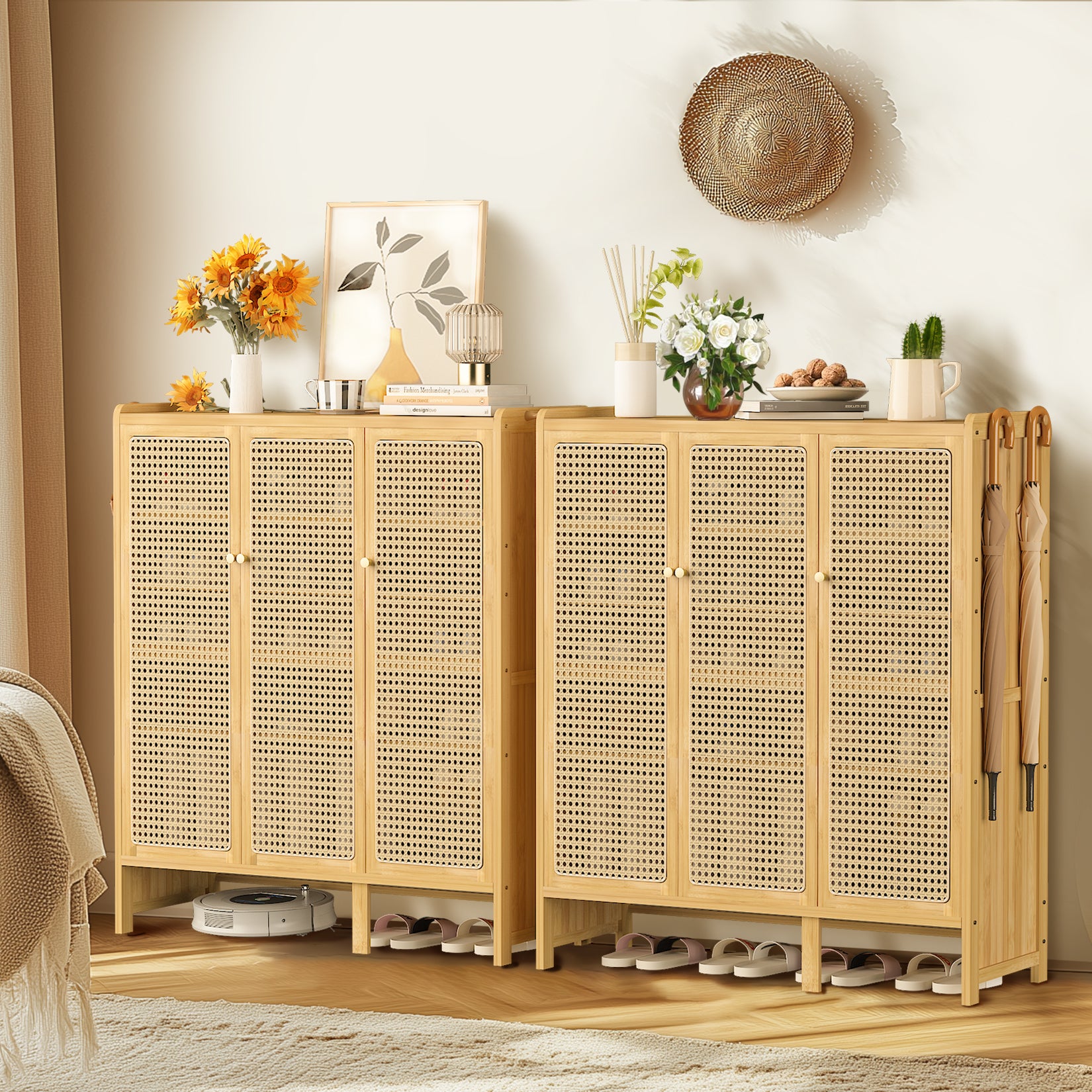 Bamboo Shoe Cabinet: 6 Tier Shelves Shoe Storage Cabinet with Hollow Doors Shoe Rack for Entryway