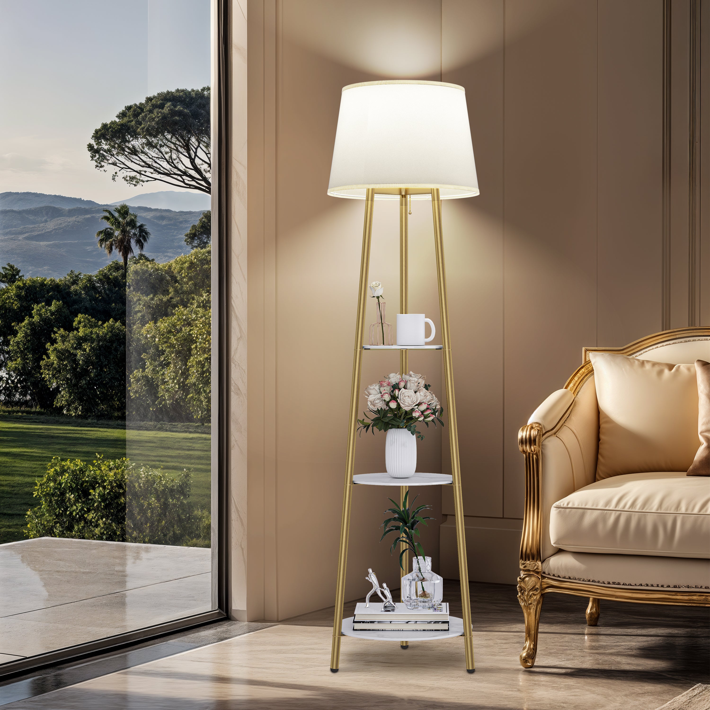Tripod Led Floor Lamp: Modern Free Standing Floor Lamp with Sintered Stone Shelves