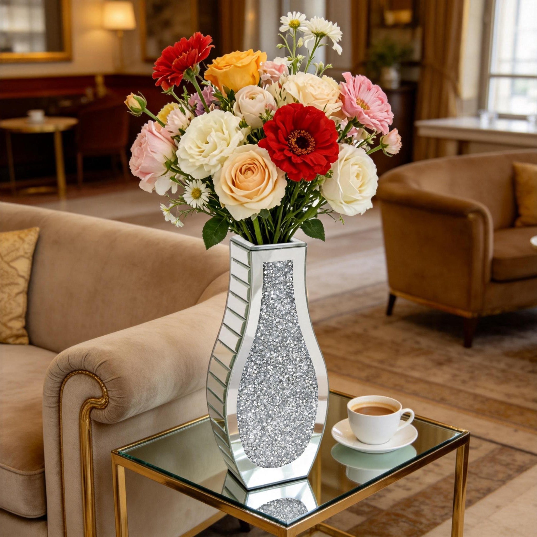 Silver Crushed Diamond Table Flower Vase for Dried Flowers Mirrored Table Centerpiece