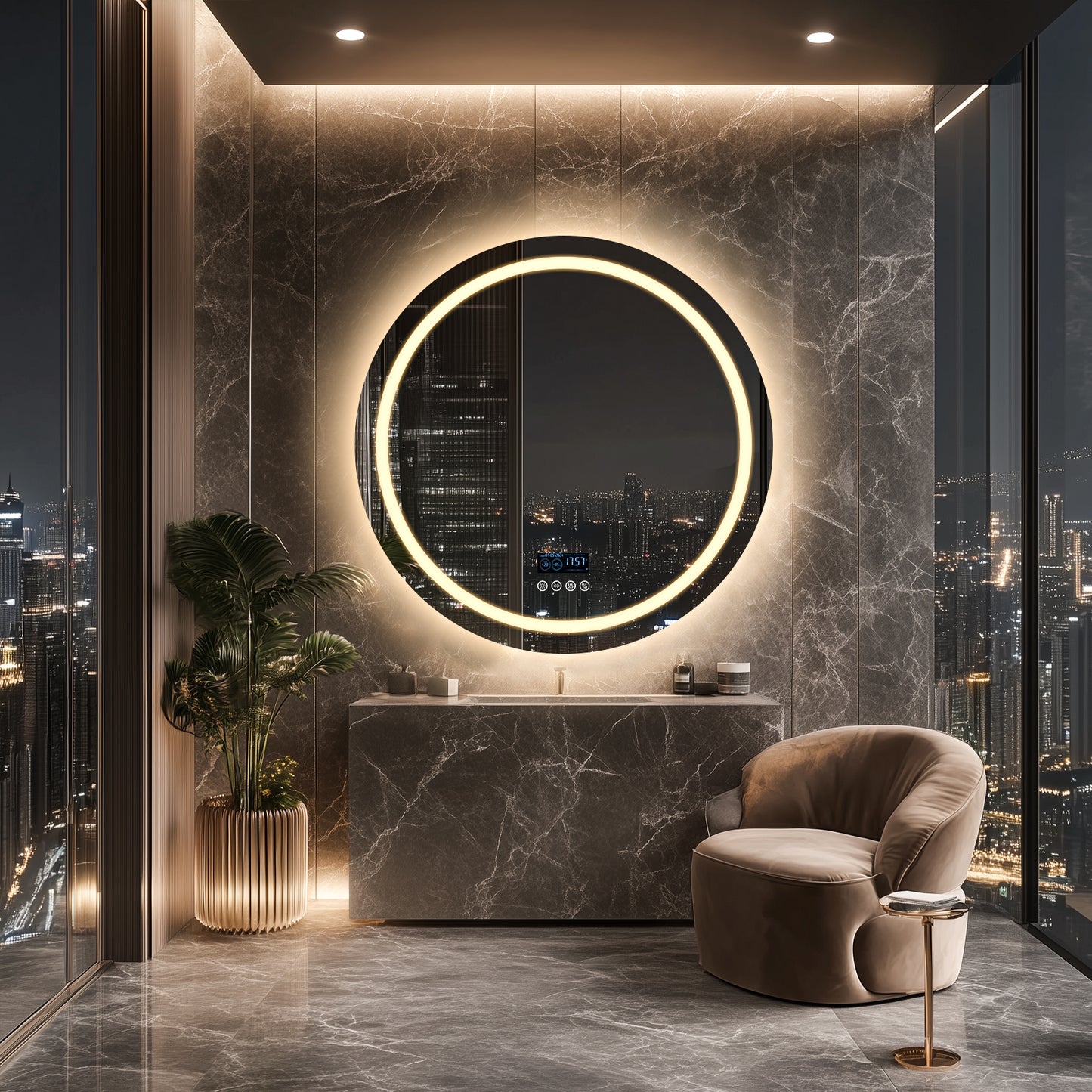 32" Round Lighted Bathroom Mirror with Bluetooth Speaker, Front-lit Backlit