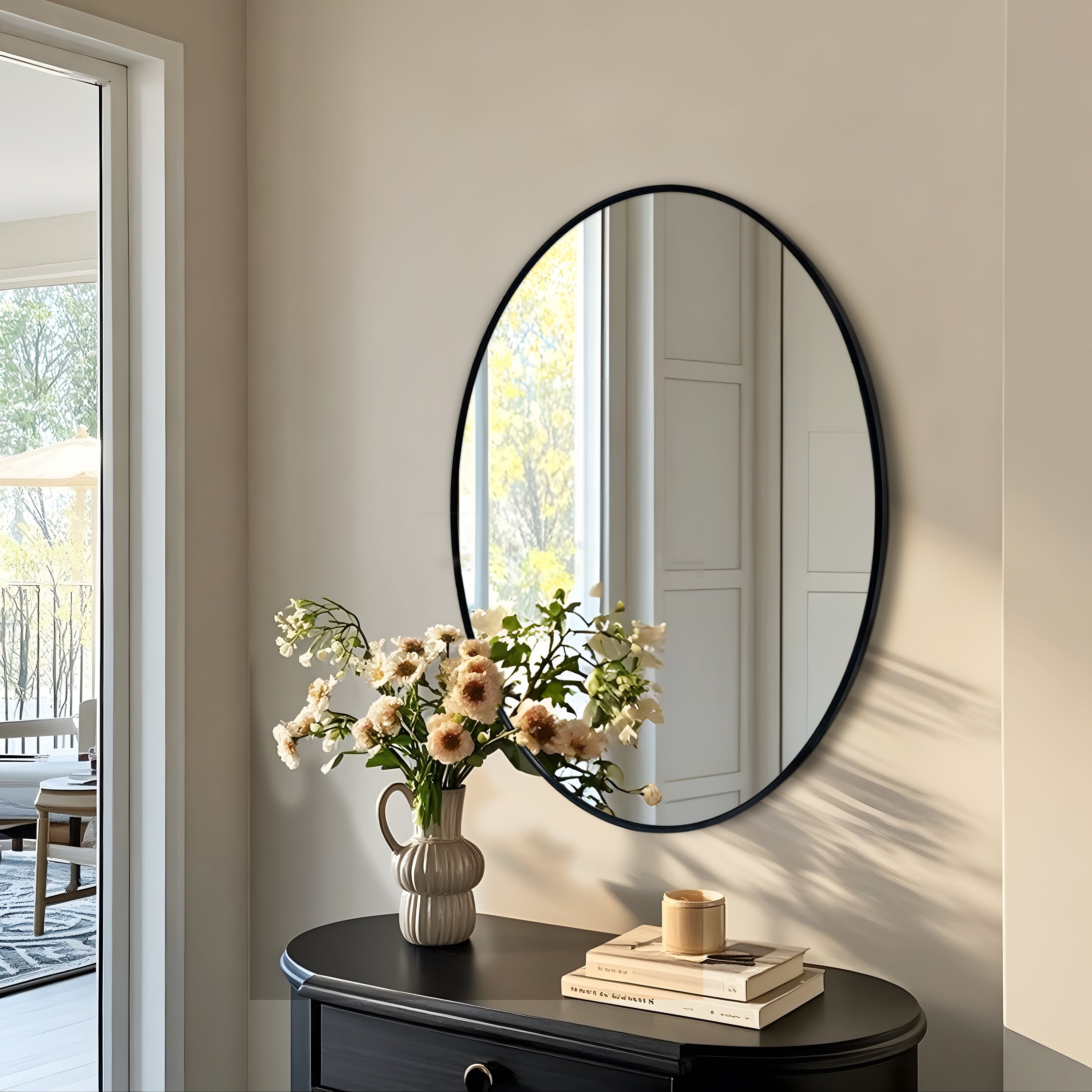 New Release Vertical Black Oval Wall Mirror Aluminum Frame Wall-mounted Hanging Mirror