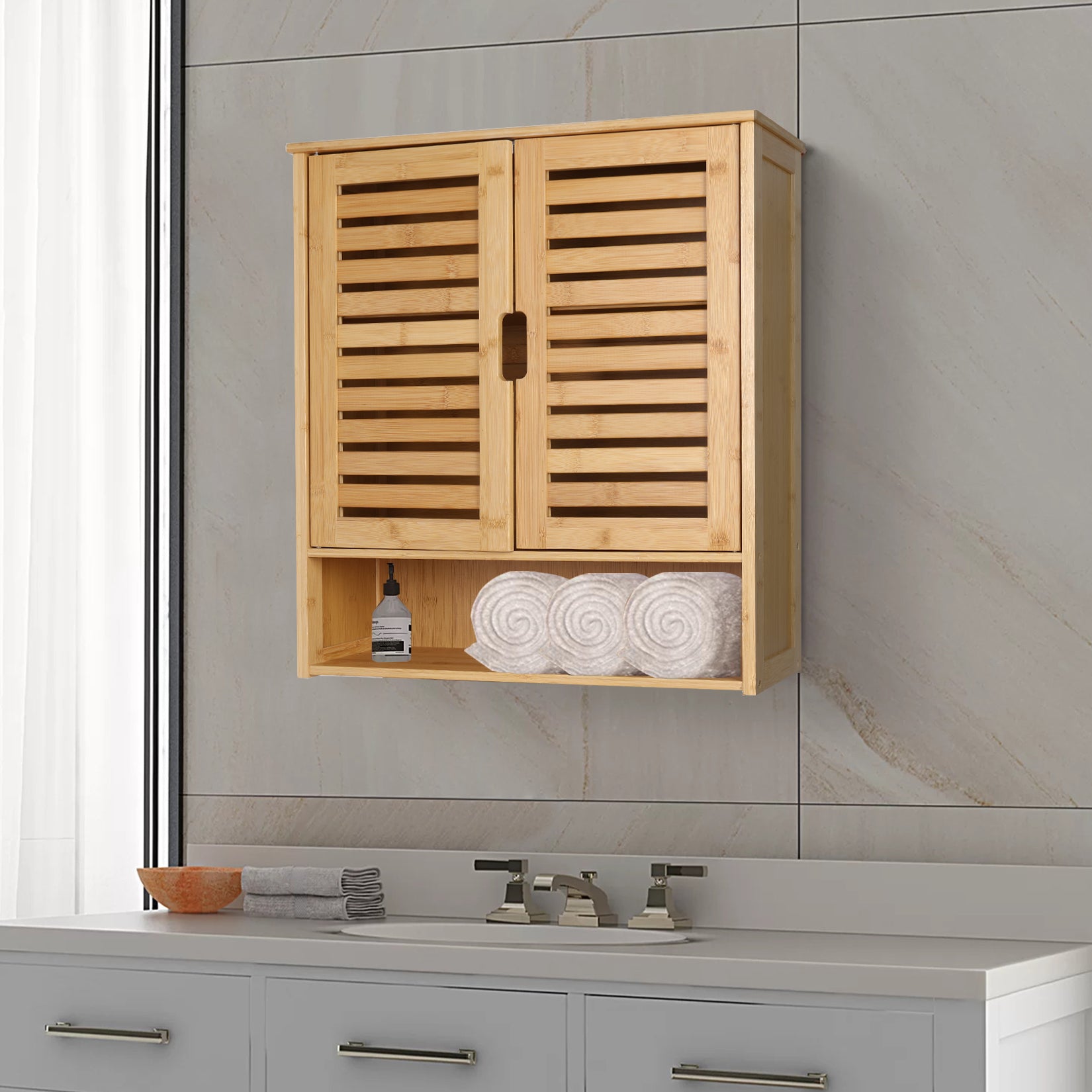 Bathroom Cabinet Bamboo Over-The-Toilet Storage Organizer Wall Mounted Kitchen Shelves