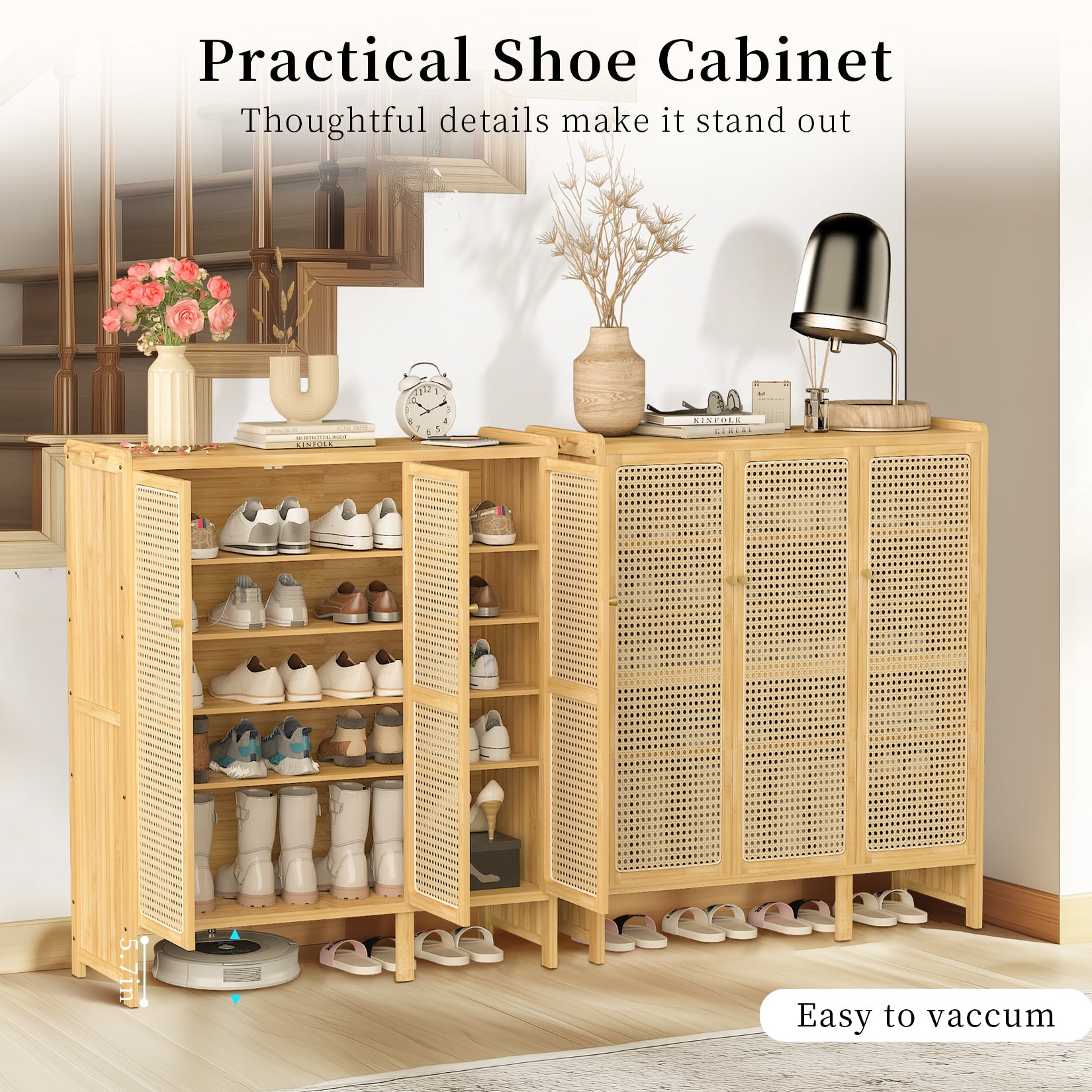 Bamboo Shoe Cabinet: 6 Tier Shelves Shoe Storage Cabinet with Hollow Doors Shoe Rack for Entryway