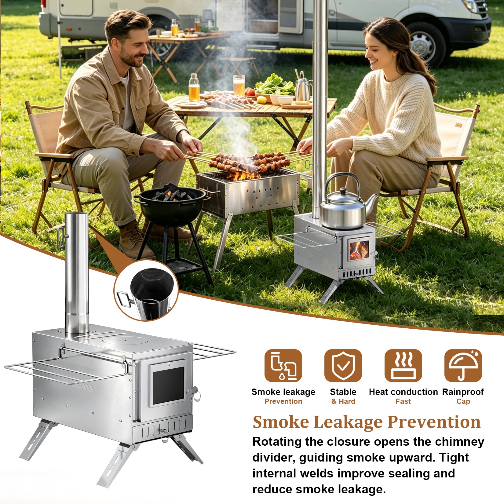 Wood Burning Sauna Stove Kit: 2 in 1 Portable Stainless Steel Heater Tent Stove for Outdoor Tents, Outdoor Sauna Hot Tent Stove with Chimney Pipes