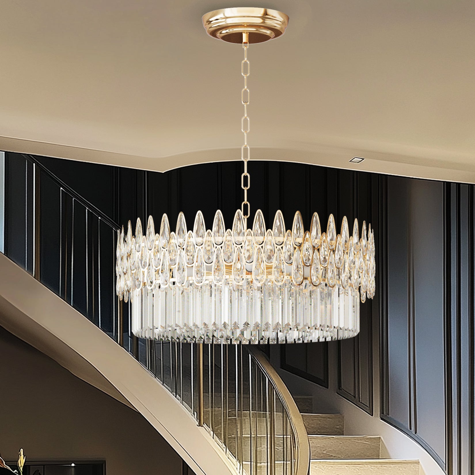 Luxurious Round Crystal Chandelier Pendant Lamp with Raindrops Oblong Crystals