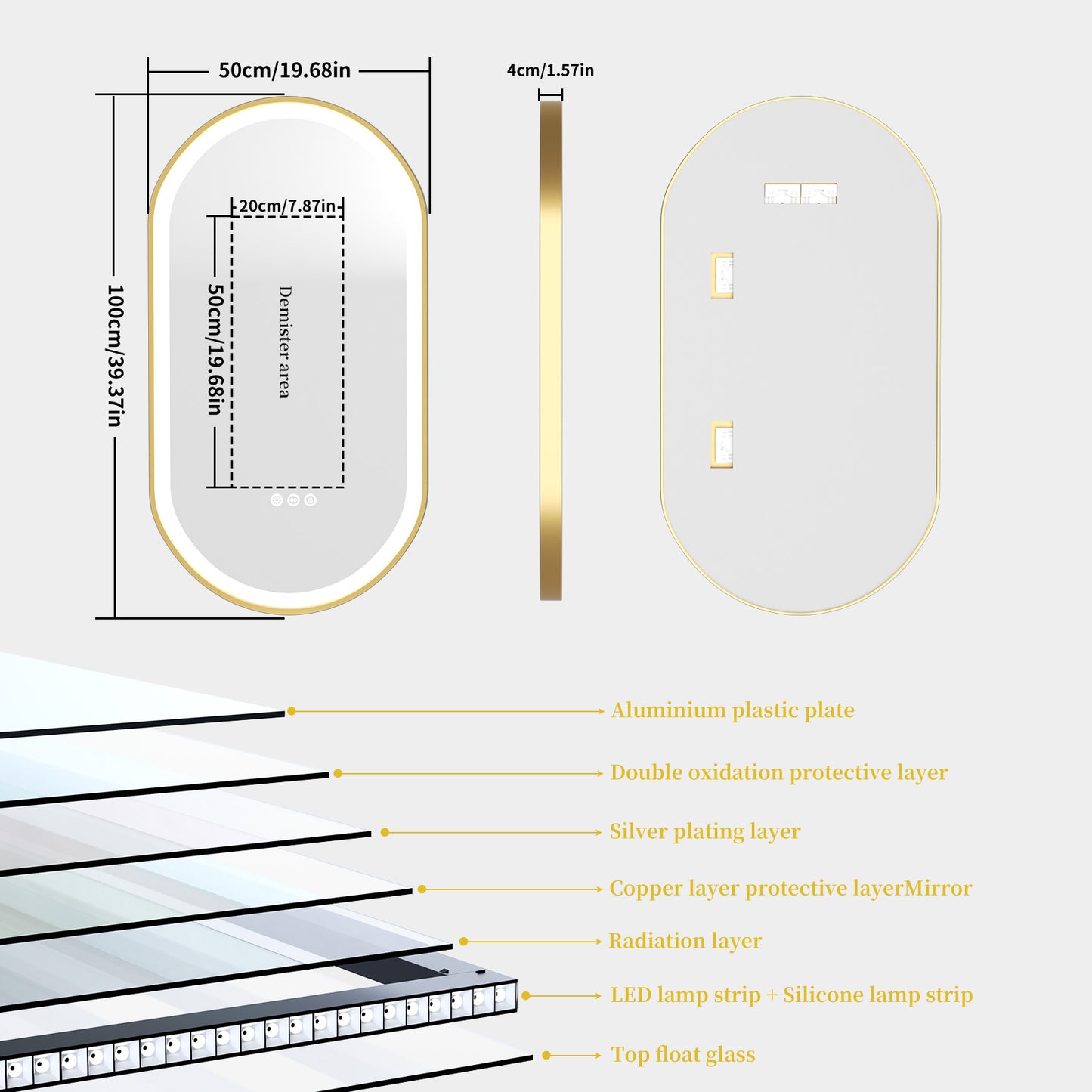 Front-lit Wall LED Bathroom Mirror, Oval Gold Aluminum Frame
