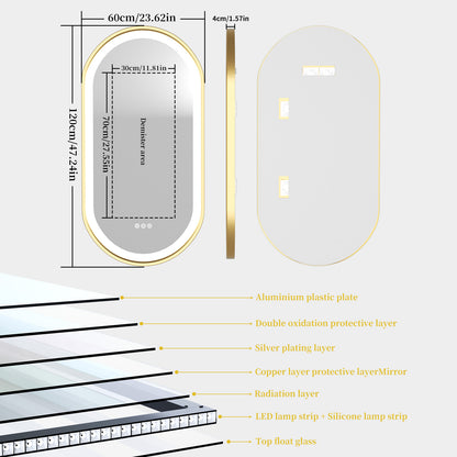 Front-lit Wall LED Bathroom Mirror, Oval Gold Aluminum Frame