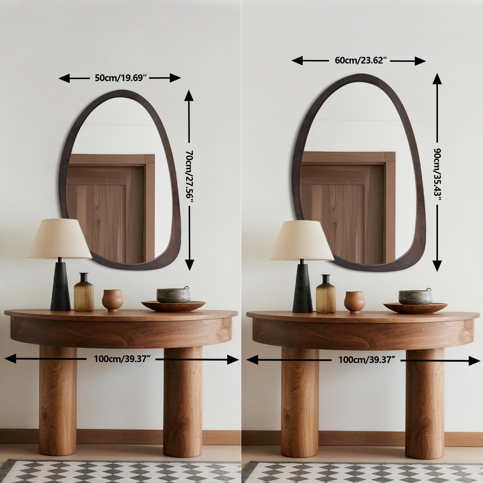 Vintage Wood Framed Wall Hanging Mirror Irregular Mirror for Bedroom Living Room