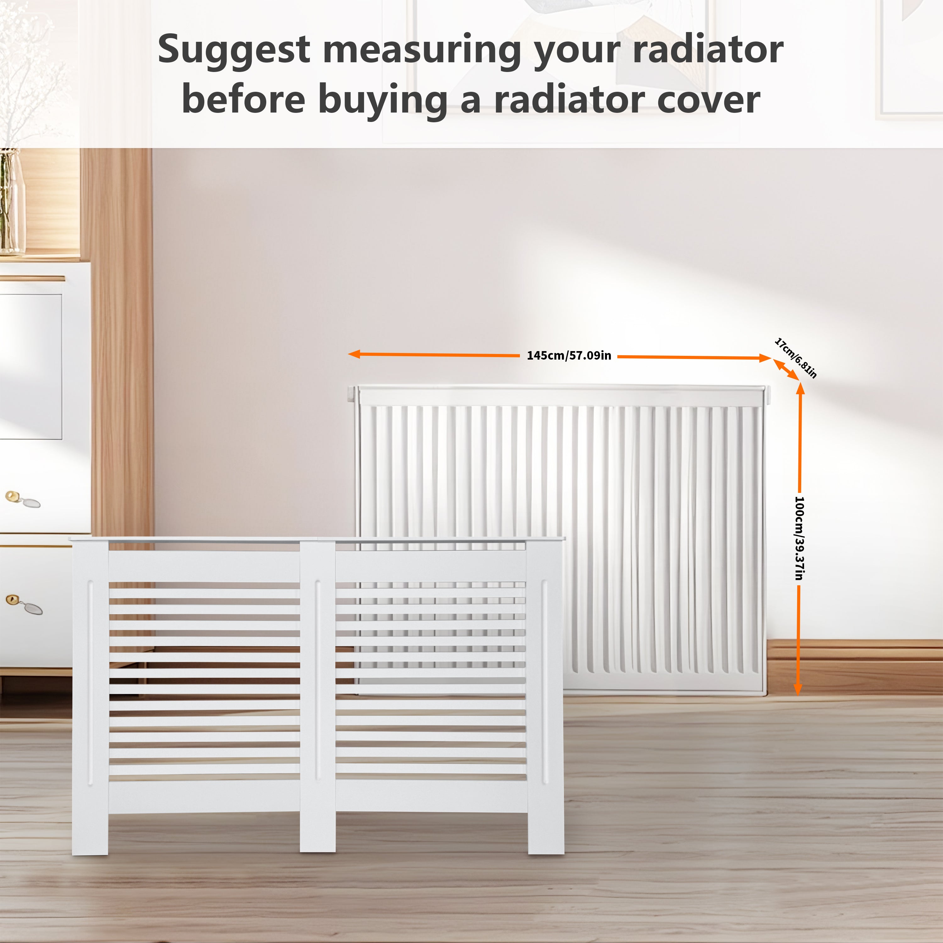 FATIVO High Radiator Cover Wood Cabinet: Internal Height 100cm White Heater Cover, Horizontal/Vertical Slats Radiator Cover Option
