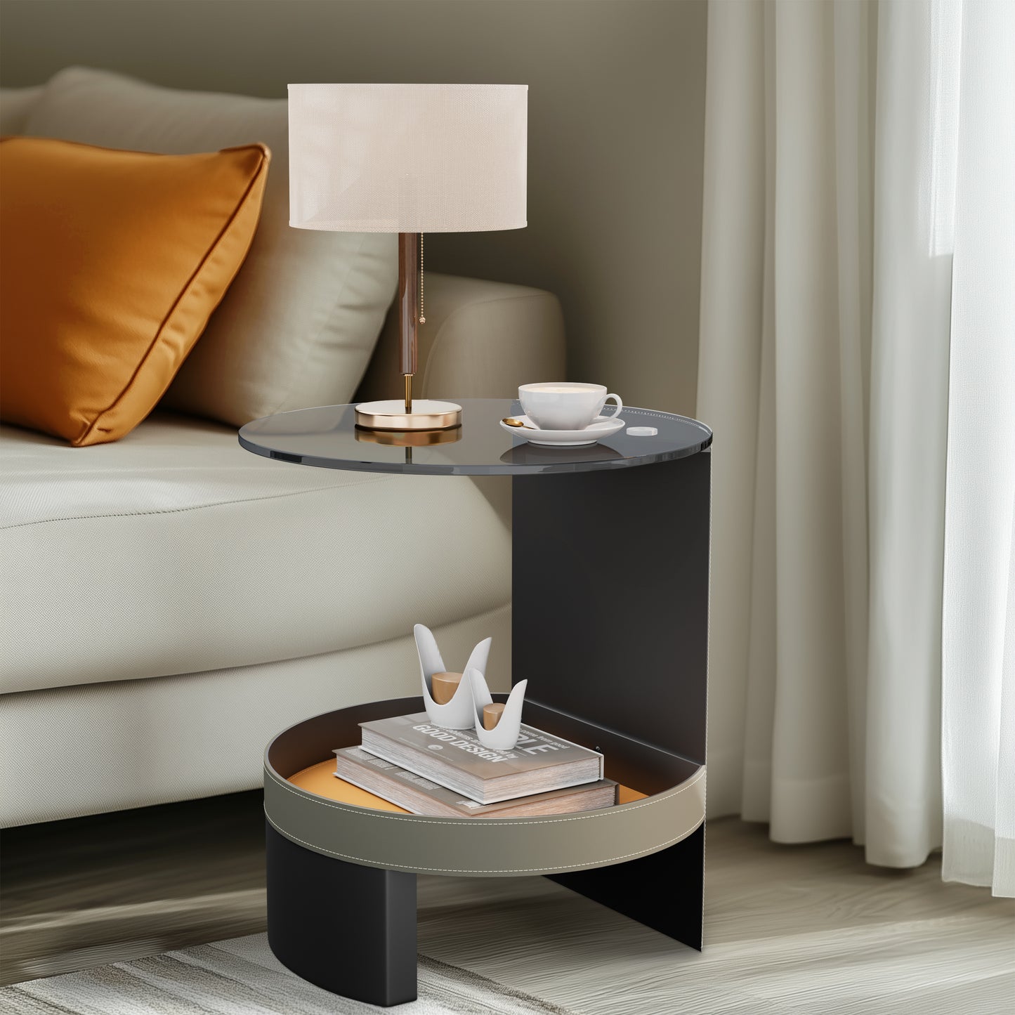 2-Tier Distinctive Sofa Side End Table Tempered Glass-top Saddle Leather Shelf