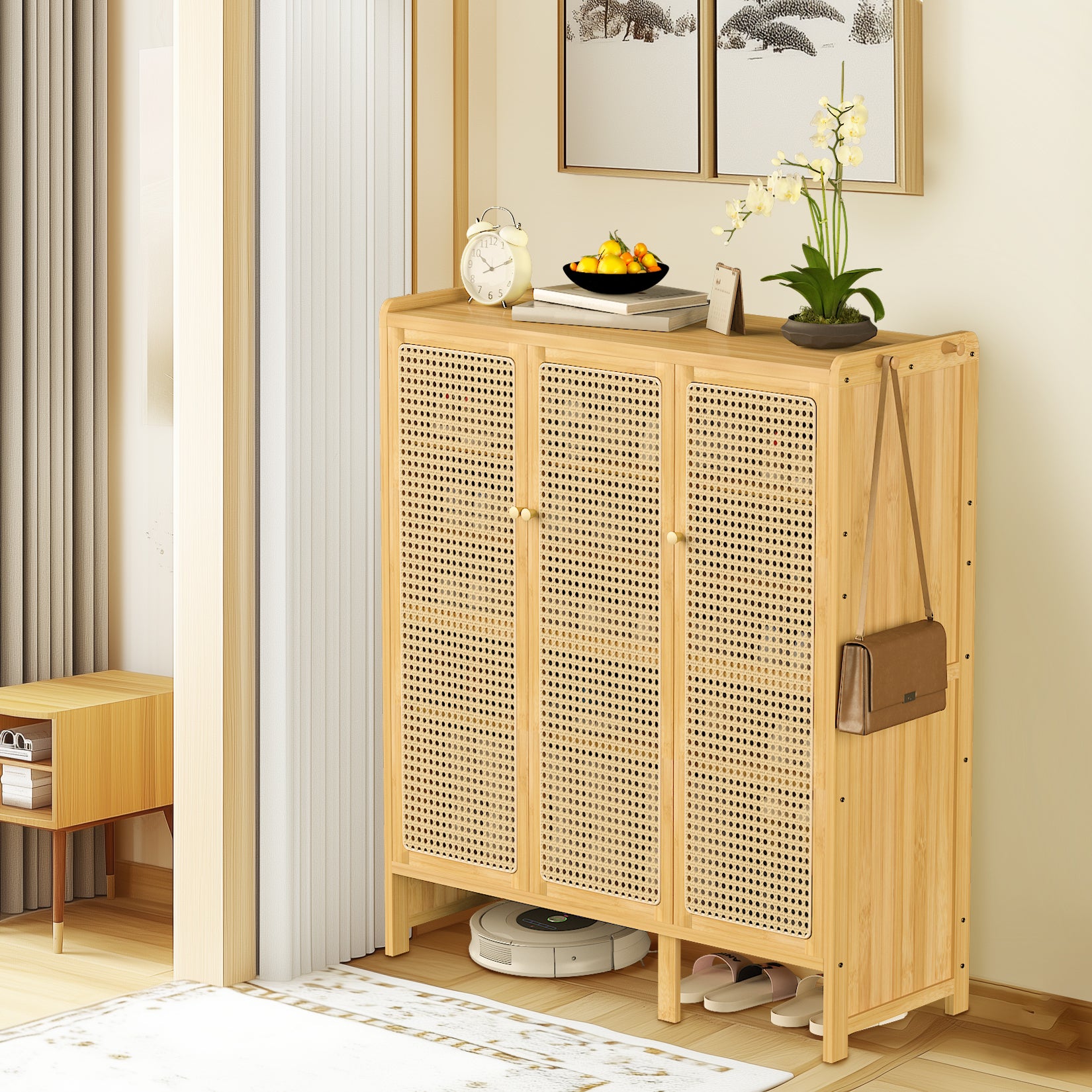 Bamboo Shoe Cabinet: 6 Tier Shelves Shoe Storage Cabinet with Hollow Doors Shoe Rack for Entryway