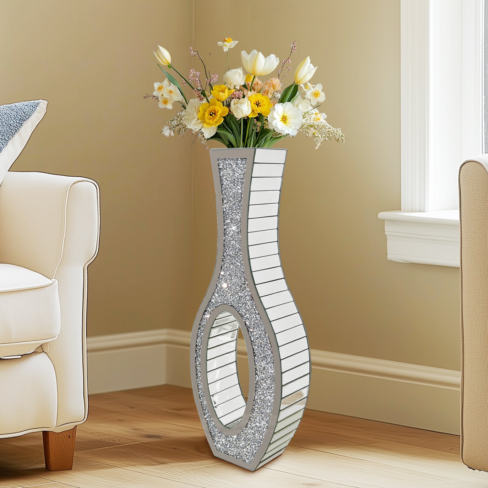 Crushed Diamond Floor Vase: Silver Mirror Vase Geometric Bling Floor-Standing Luxury Home Decor