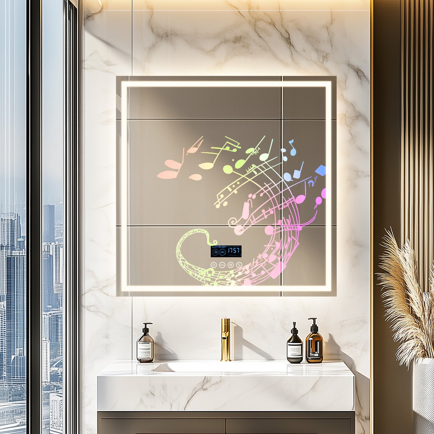 Square LED Bathroom Mirror with Bluetooth Speaker, Double Led Strips