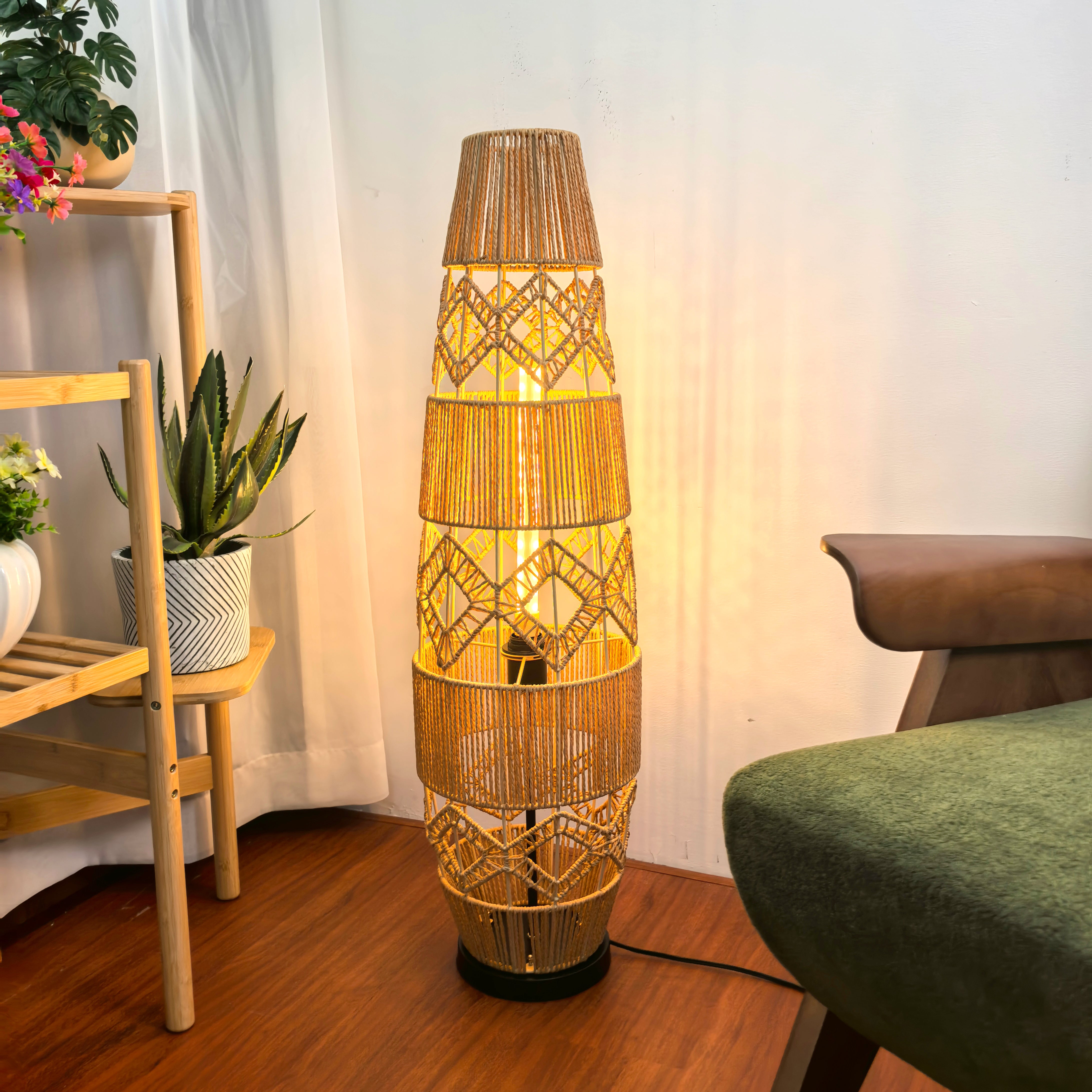 Rustic Boho Hand-Woven Corner Floor Lamp Free Standing Night Light with Led Light Bar