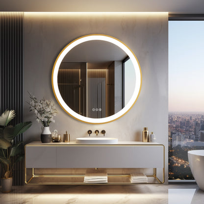 Golden Round Bathroom Mirror Aluminum Frame, Front-lit Vanity Mirror