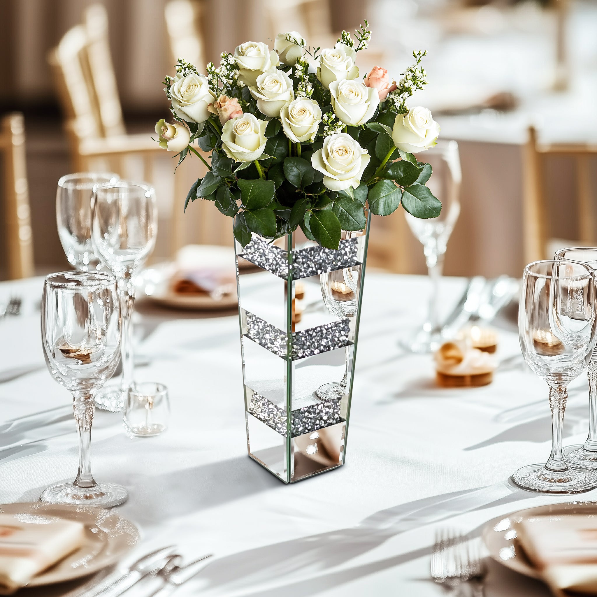 Decorative Mirrored Flower Vase Table Vase with Crushed Diamonds Luxury Silver Decor