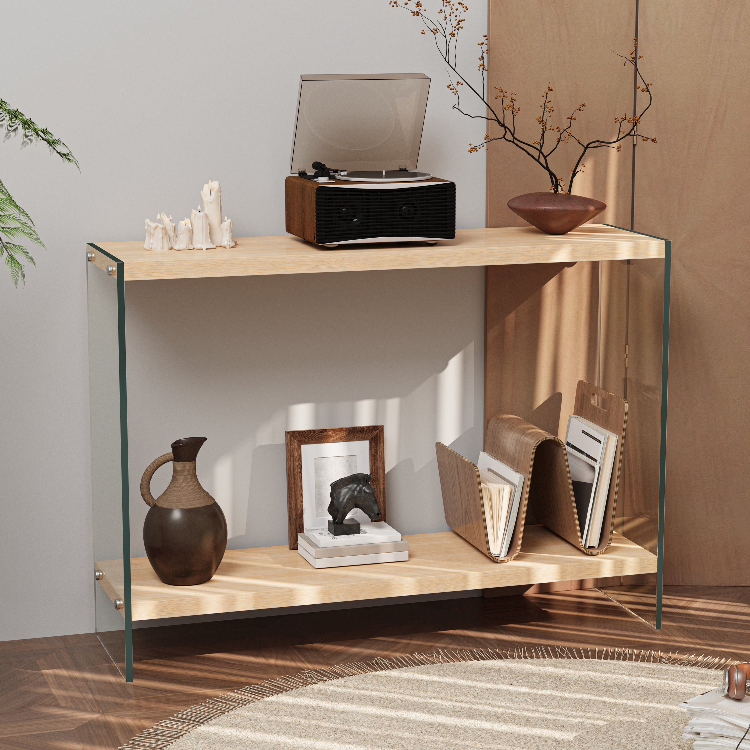 Rectangular Console Table Wood-finish MDF Sofa Side Storage Table Glass Frame