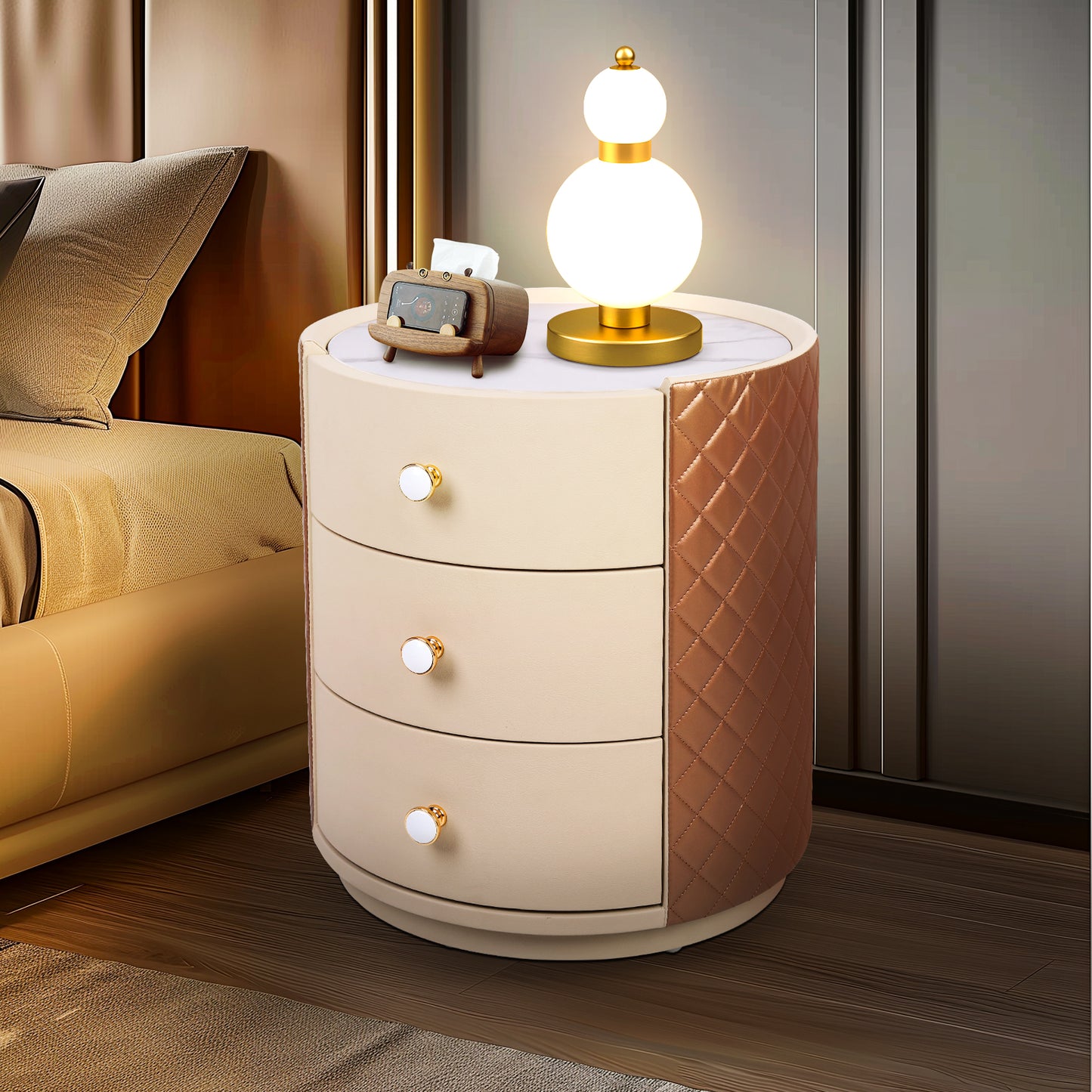 Fully Assembled Round Nightstand Storage Cabinet for Bedroom, No Assembly