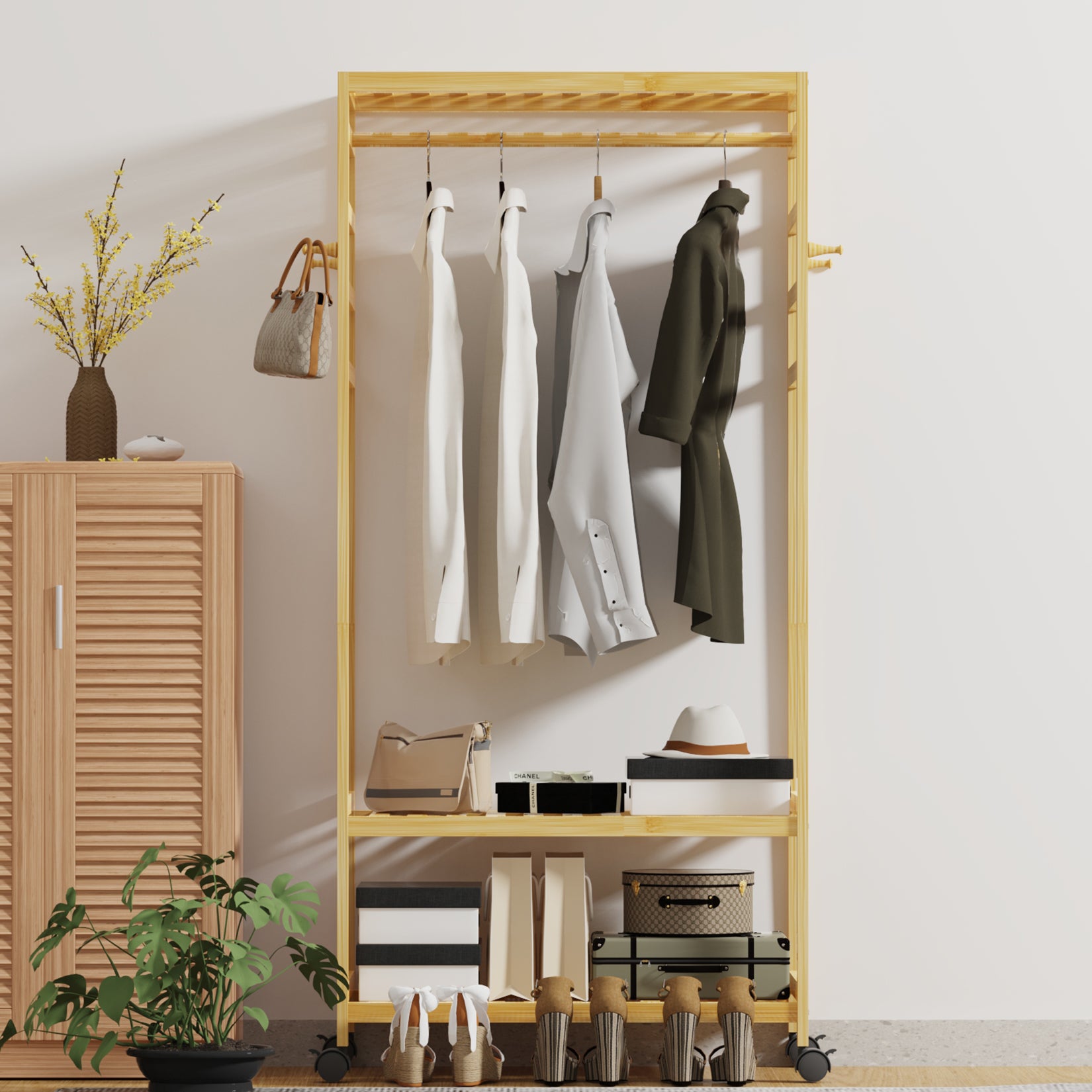 Free-standing Closet Garment Hanging Stand Bamboo Wood Rack - Bed