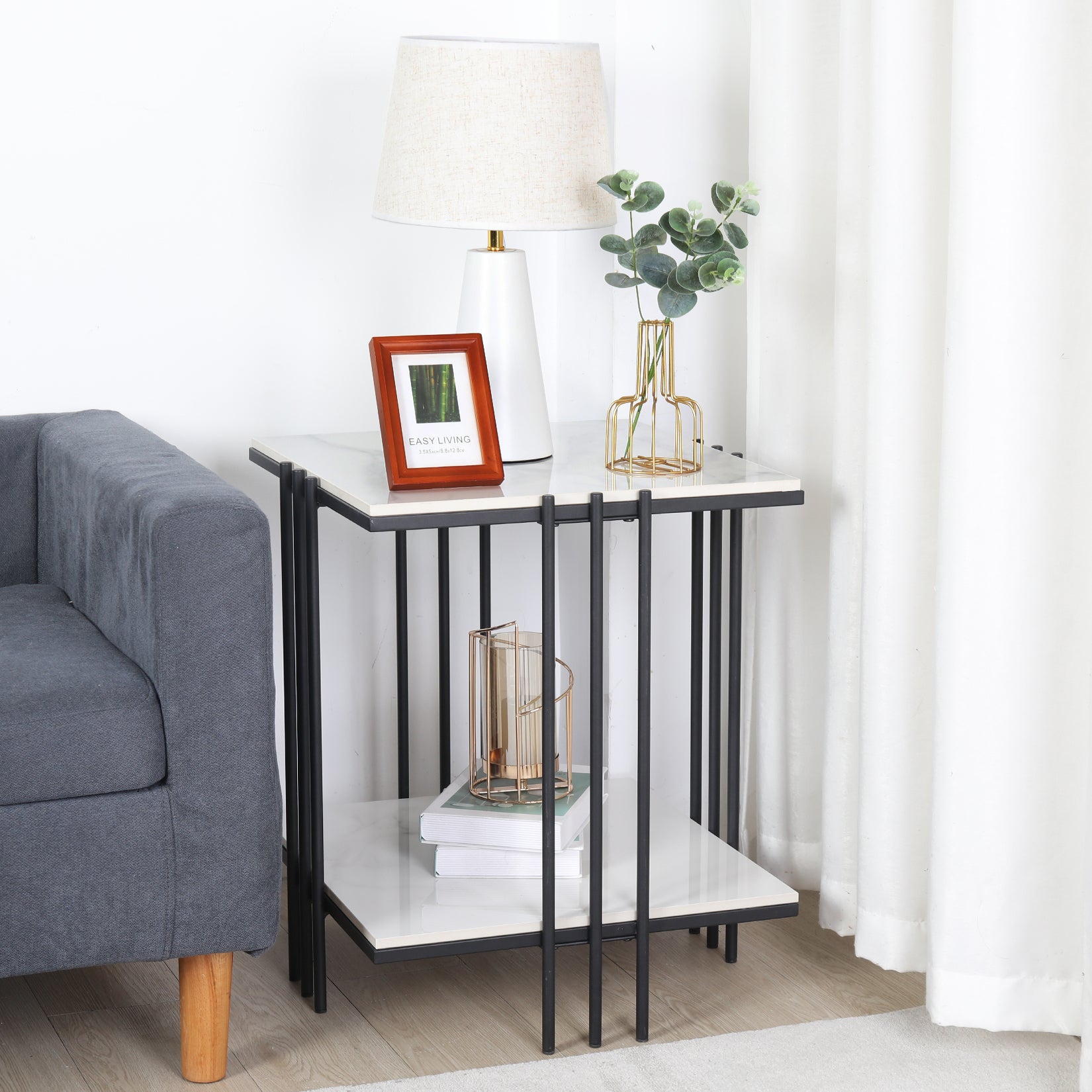 Sintered Stone Side Table with Golden Legs – 2 Tiers Living Room Square Side Table