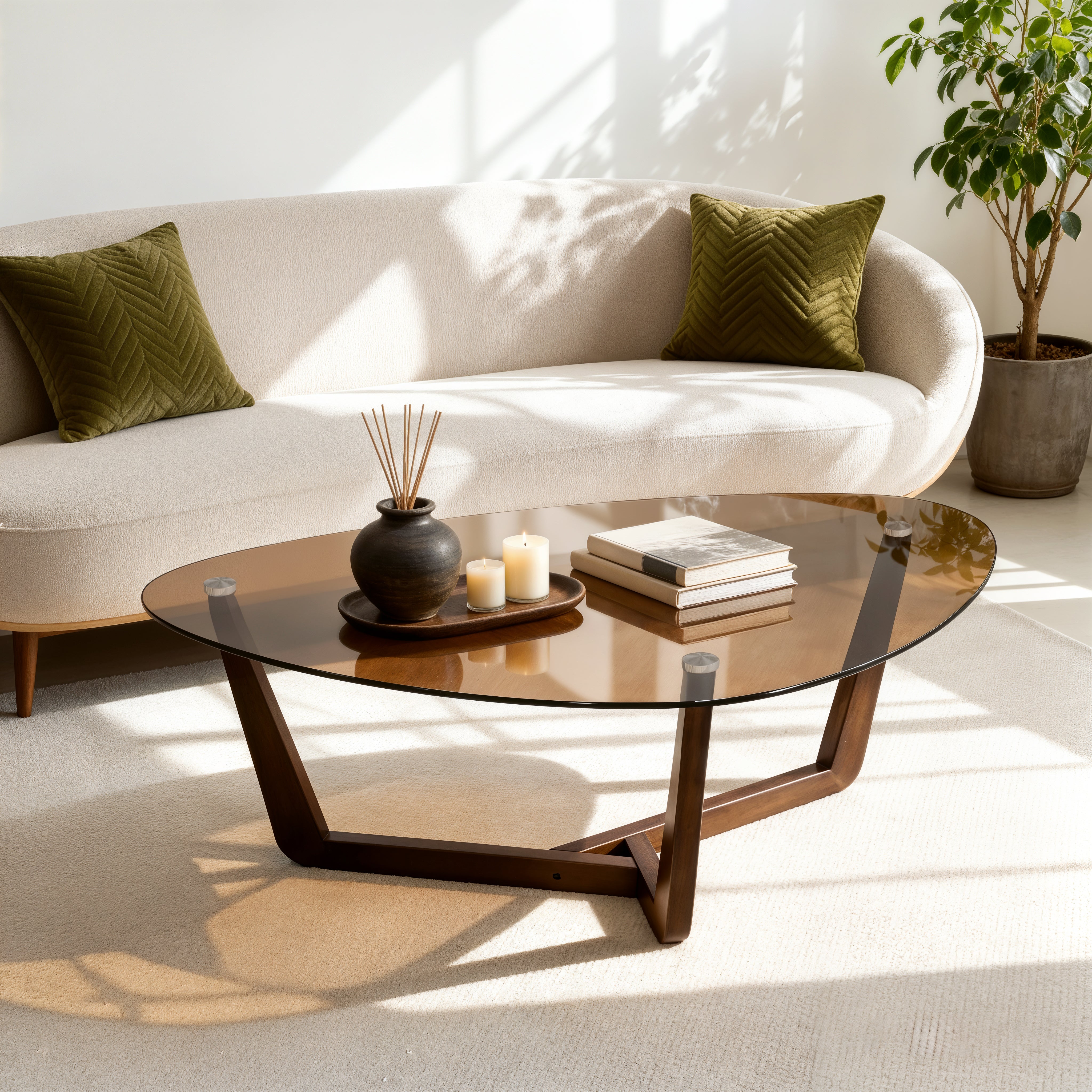 Organic Triangle Glass Center Coffee Table for Living Room, with Amber-Tinted Tempered Glass Tabletop Rubber Wooden Frame