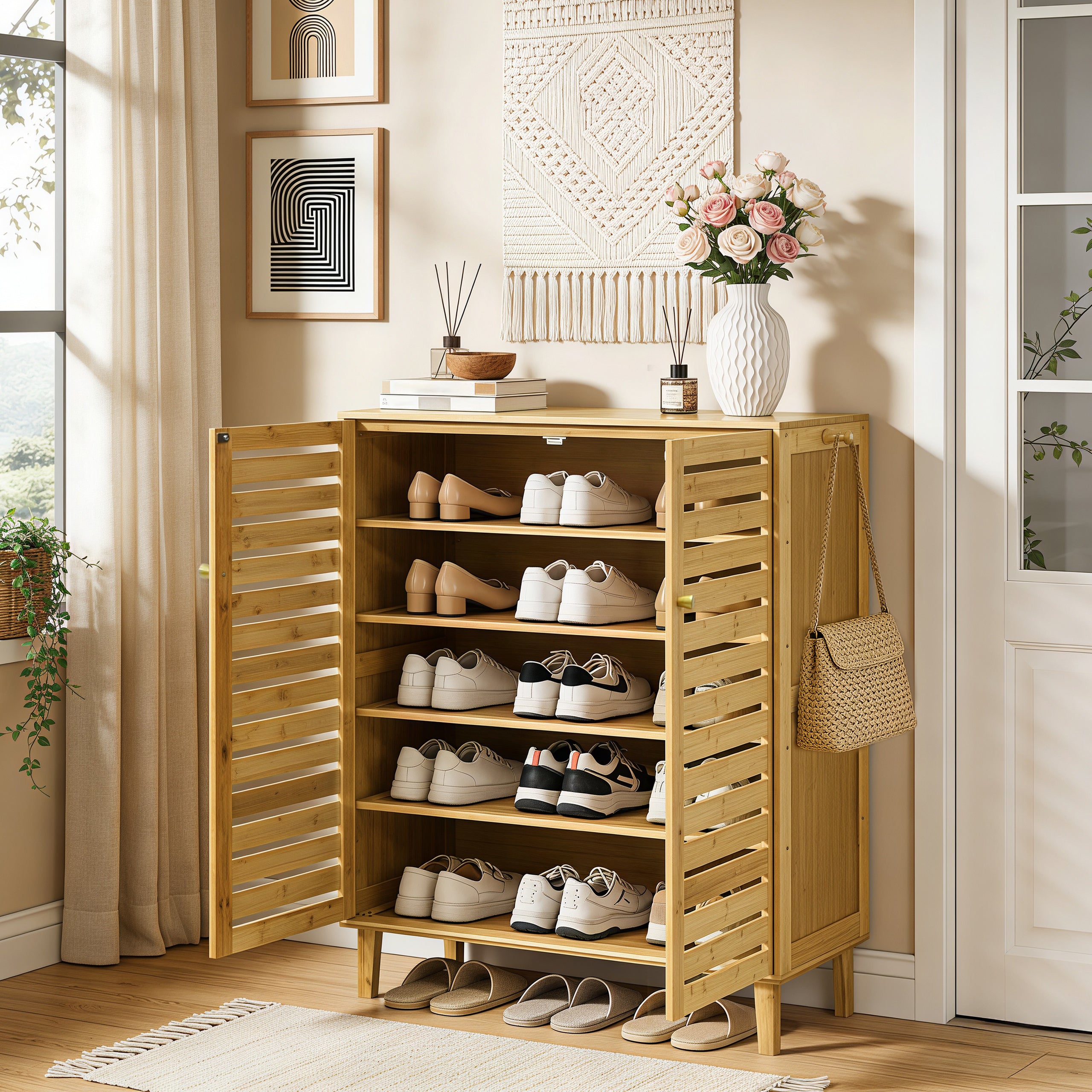 2/3 Doors Bamboo Shoes Storage Cabinet with Slatted Doors & Shelves for Entryway, Hallway