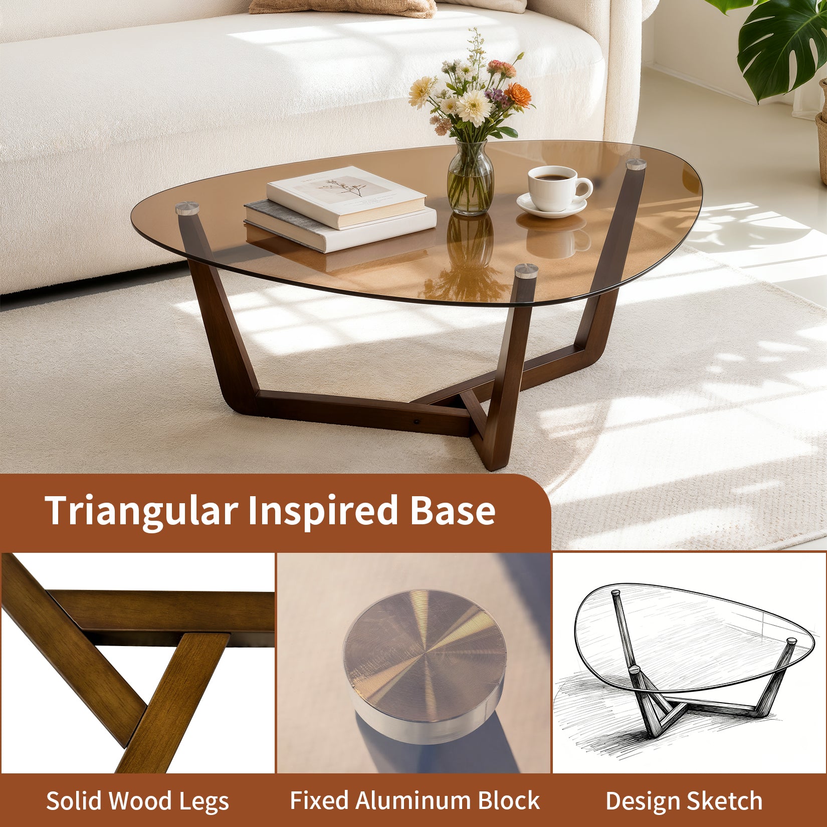 Organic Triangle Glass Center Coffee Table for Living Room, with Amber-Tinted Tempered Glass Tabletop Rubber Wooden Frame