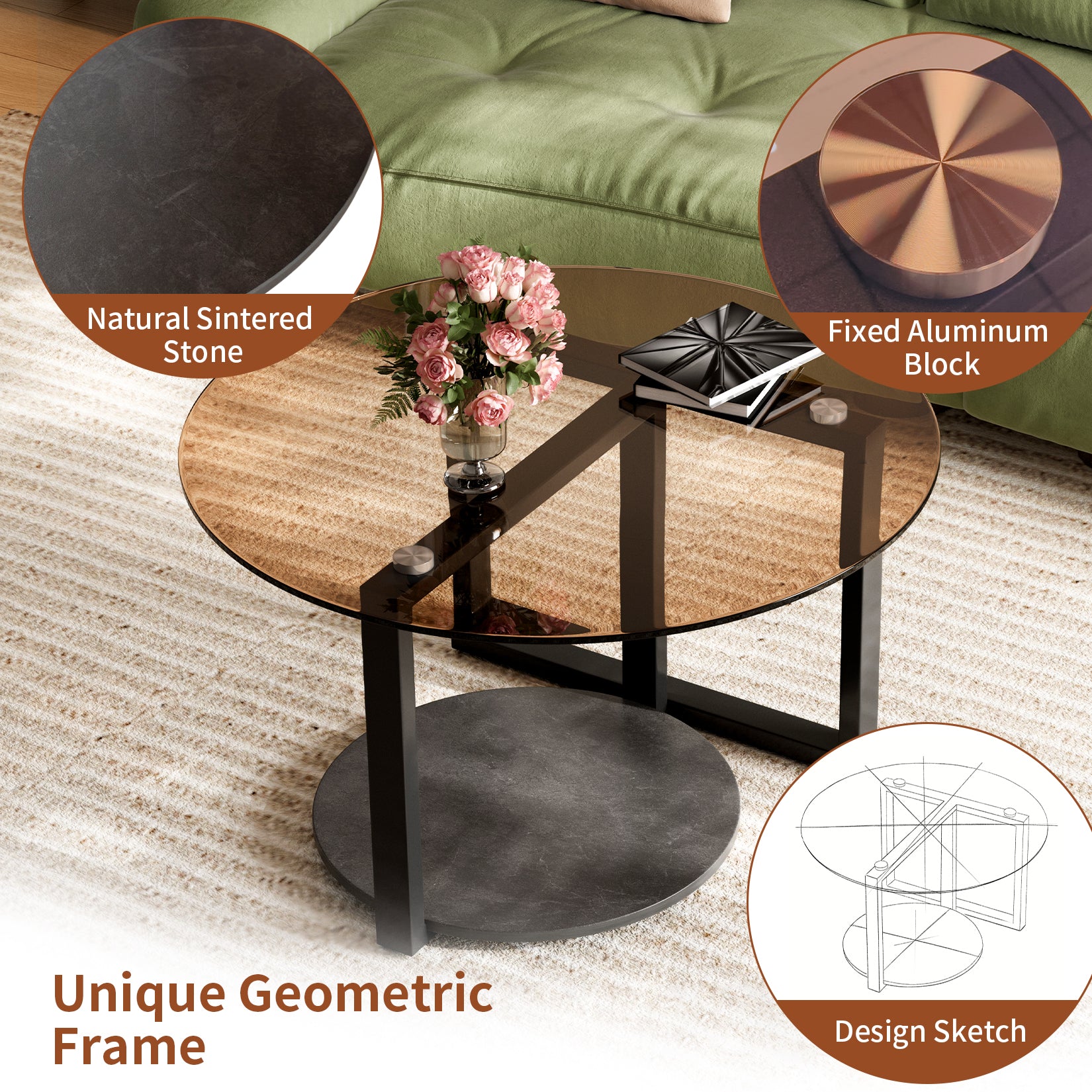 Modern Round Coffee Table Circle Amber-Tinted Tempered Glass Cocktail Table with 2-Tier