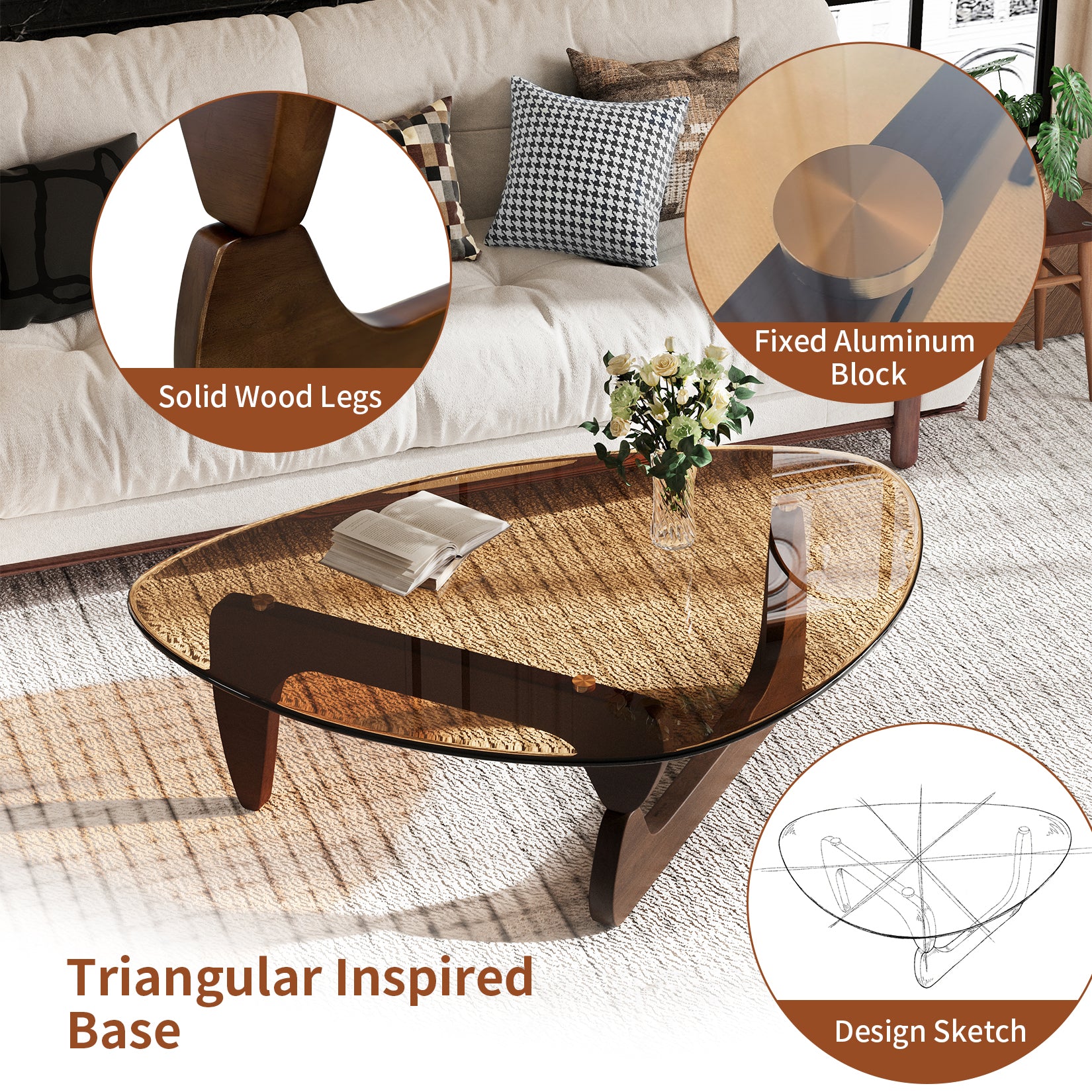 Triangular Glass Center Table Noguchi Coffee Table with Amber-tinted Tempered Glass Top