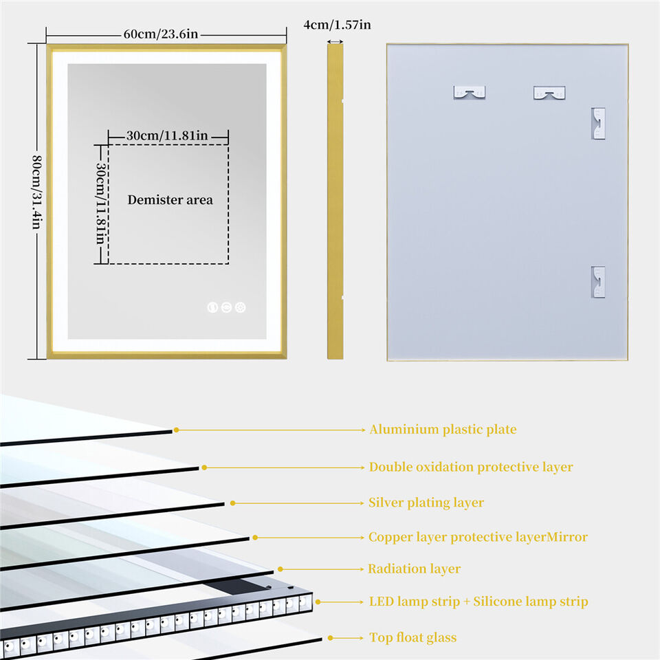 600*800mm Gold Aluminum Frame Front-lit Wall Bathroom Mirror