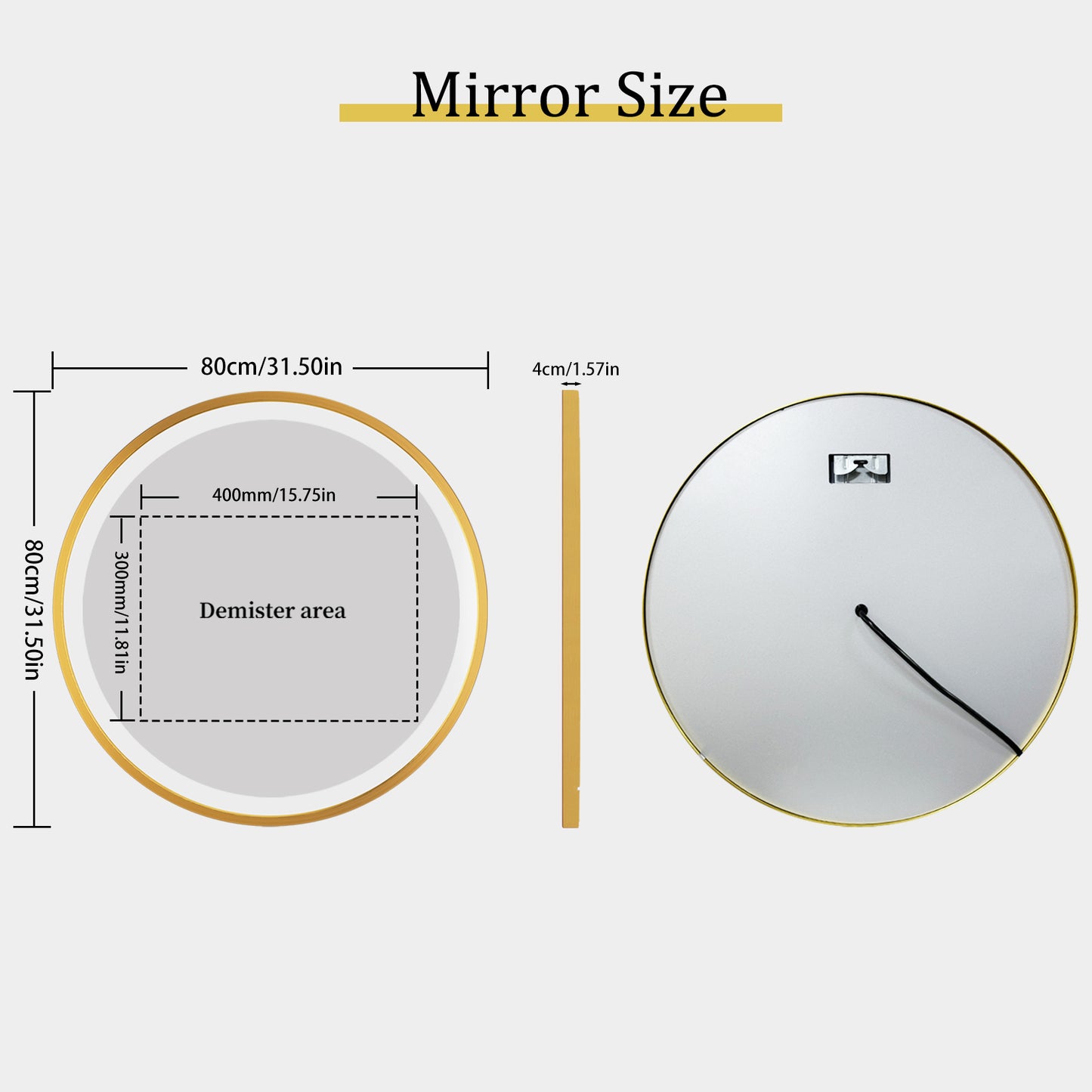 Golden Round Bathroom Mirror Aluminum Frame, Front-lit Vanity Mirror