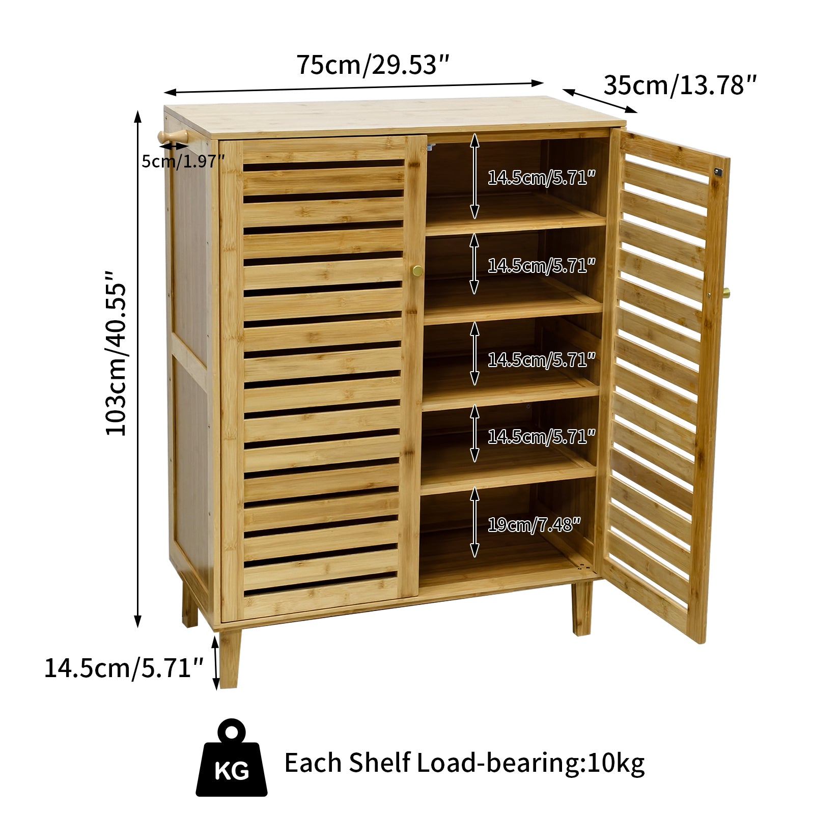 2/3 Doors Bamboo Shoes Storage Cabinet with Slatted Doors & Shelves for Entryway, Hallway
