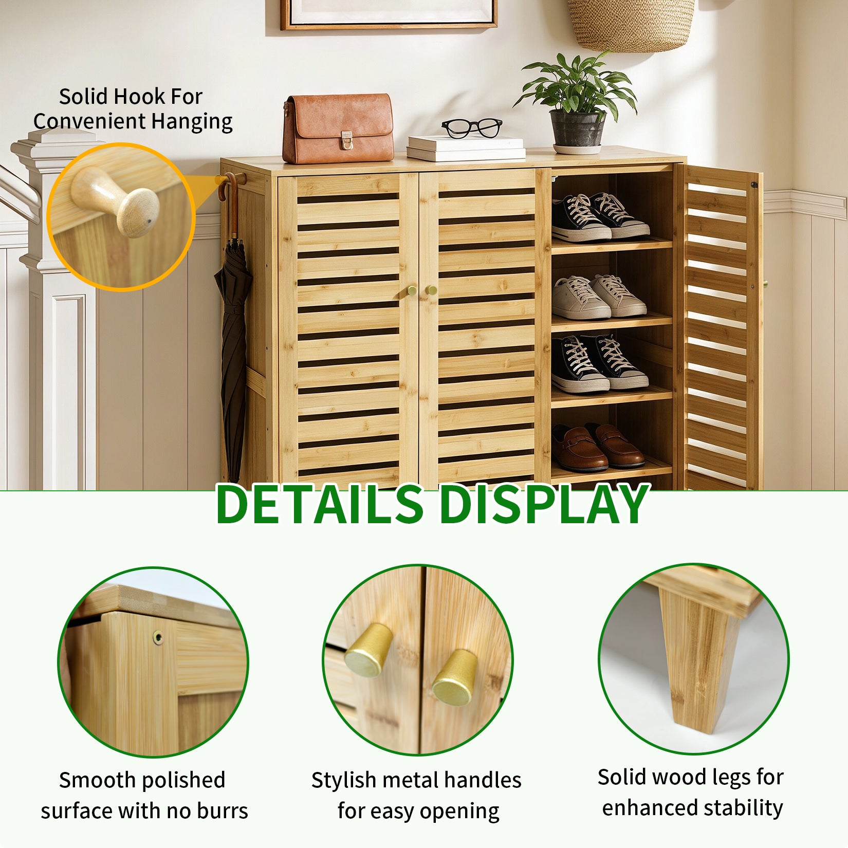 2/3 Doors Bamboo Shoes Storage Cabinet with Slatted Doors & Shelves for Entryway, Hallway
