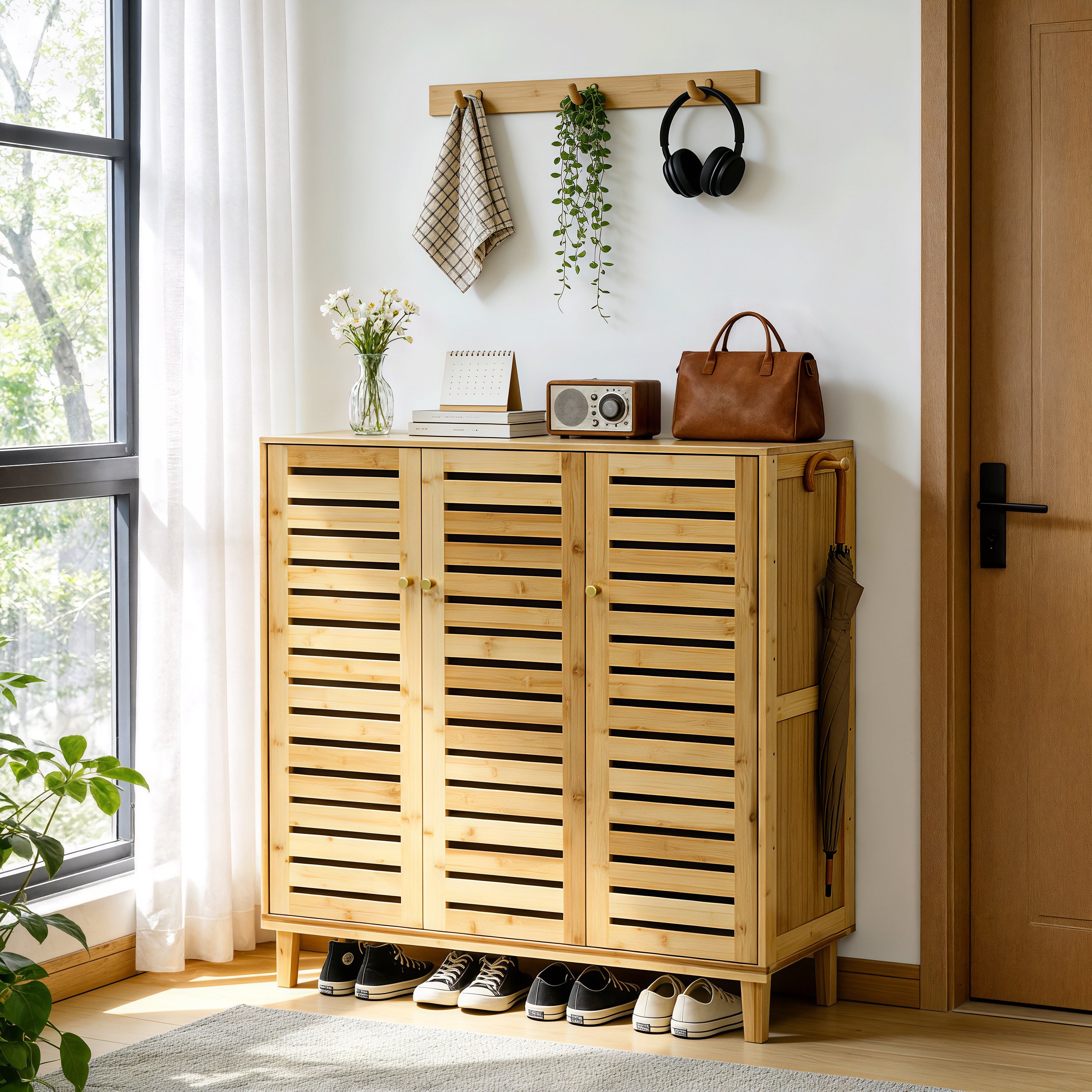 2/3 Doors Bamboo Shoes Storage Cabinet with Slatted Doors & Shelves for Entryway, Hallway