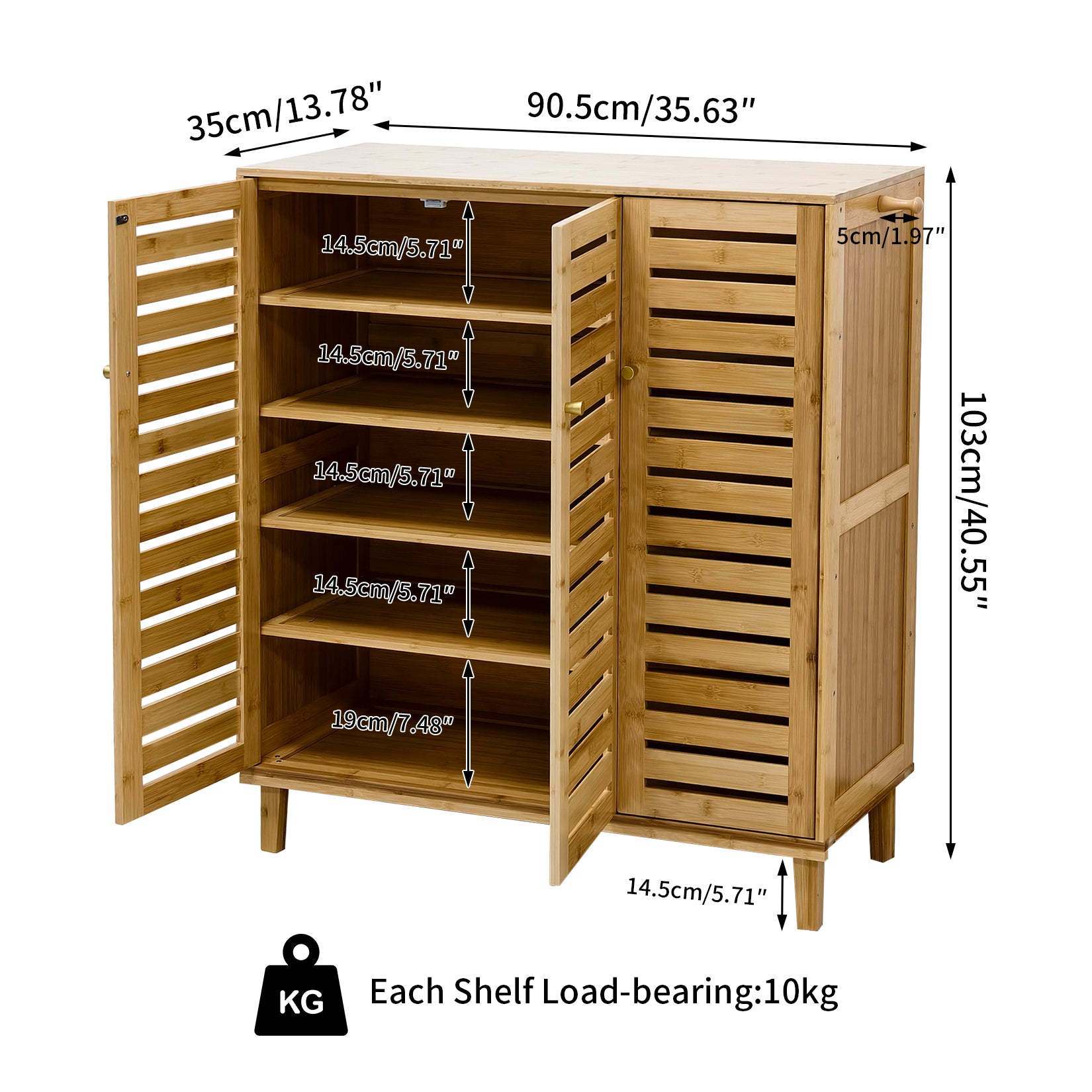 2/3 Doors Bamboo Shoes Storage Cabinet with Slatted Doors & Shelves for Entryway, Hallway