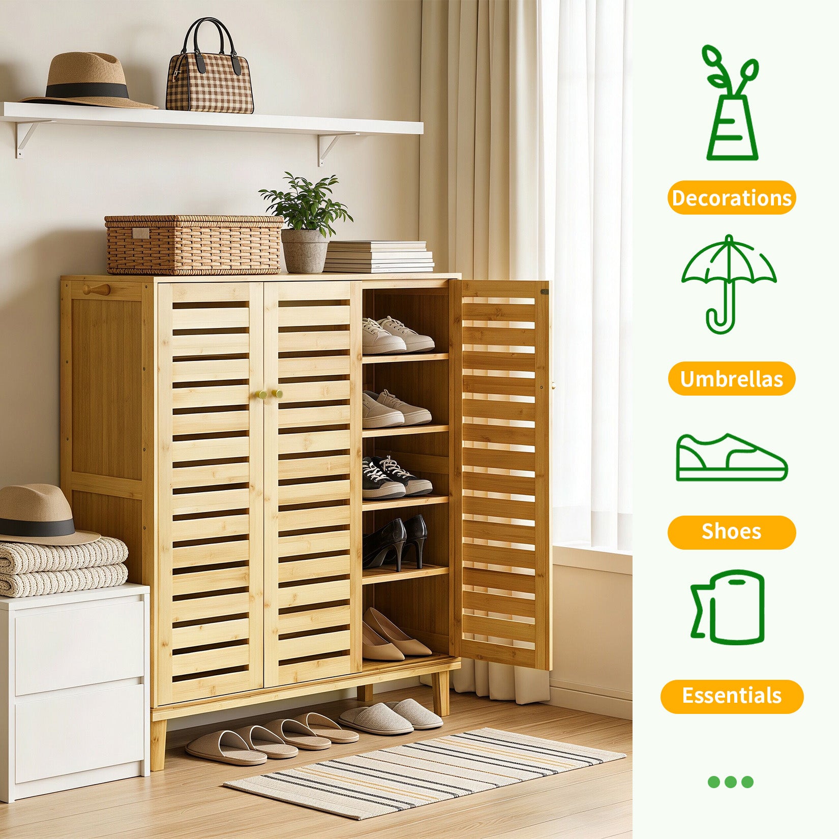 2/3 Doors Bamboo Shoes Storage Cabinet with Slatted Doors & Shelves for Entryway, Hallway