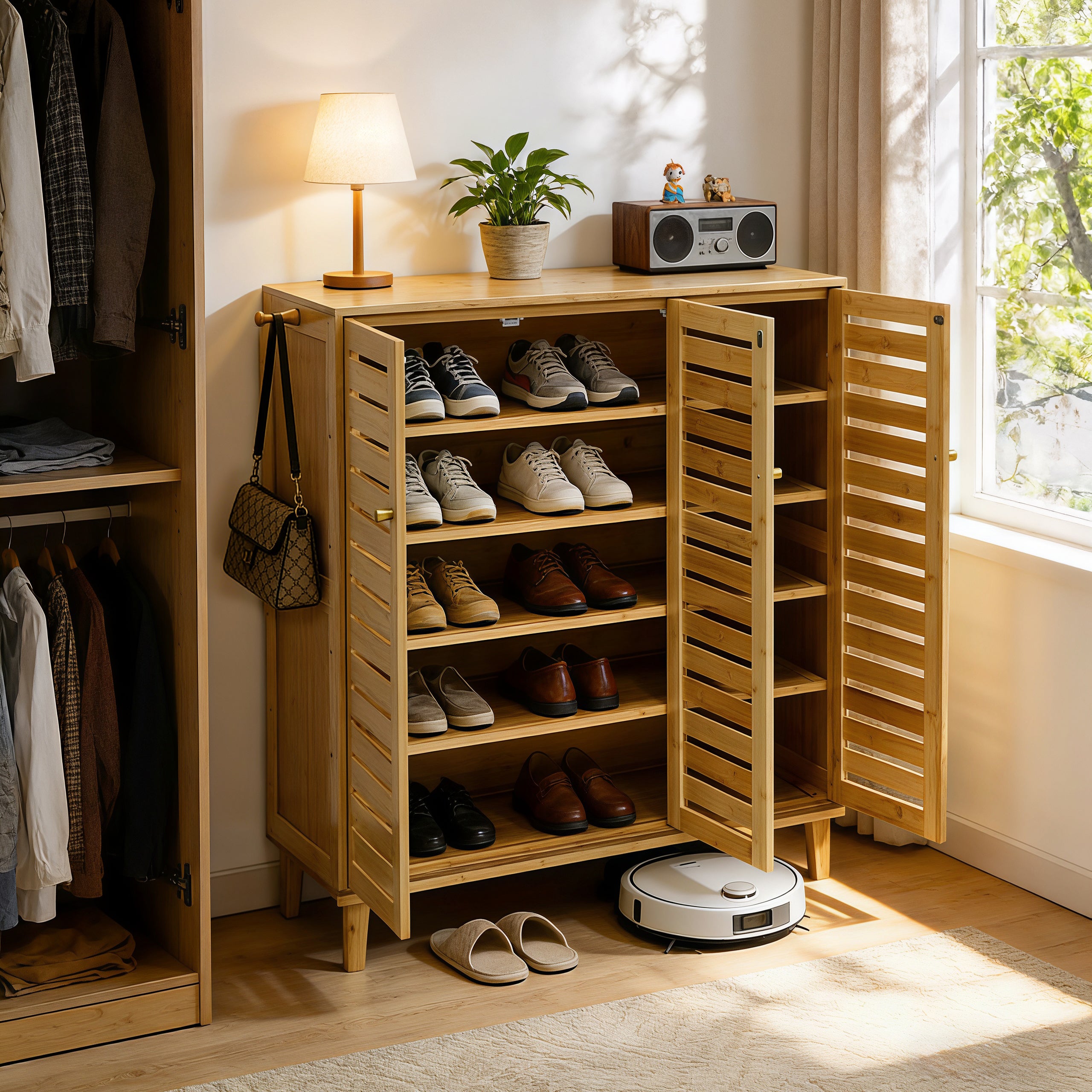 2/3 Doors Bamboo Shoes Storage Cabinet with Slatted Doors & Shelves for Entryway, Hallway