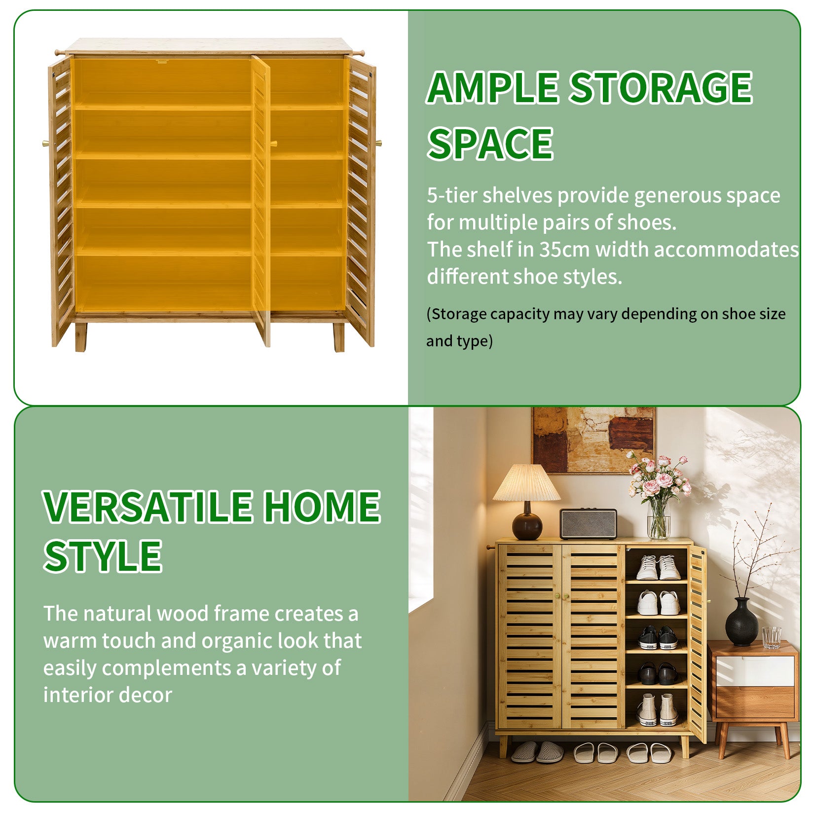2/3 Doors Bamboo Shoes Storage Cabinet with Slatted Doors & Shelves for Entryway, Hallway
