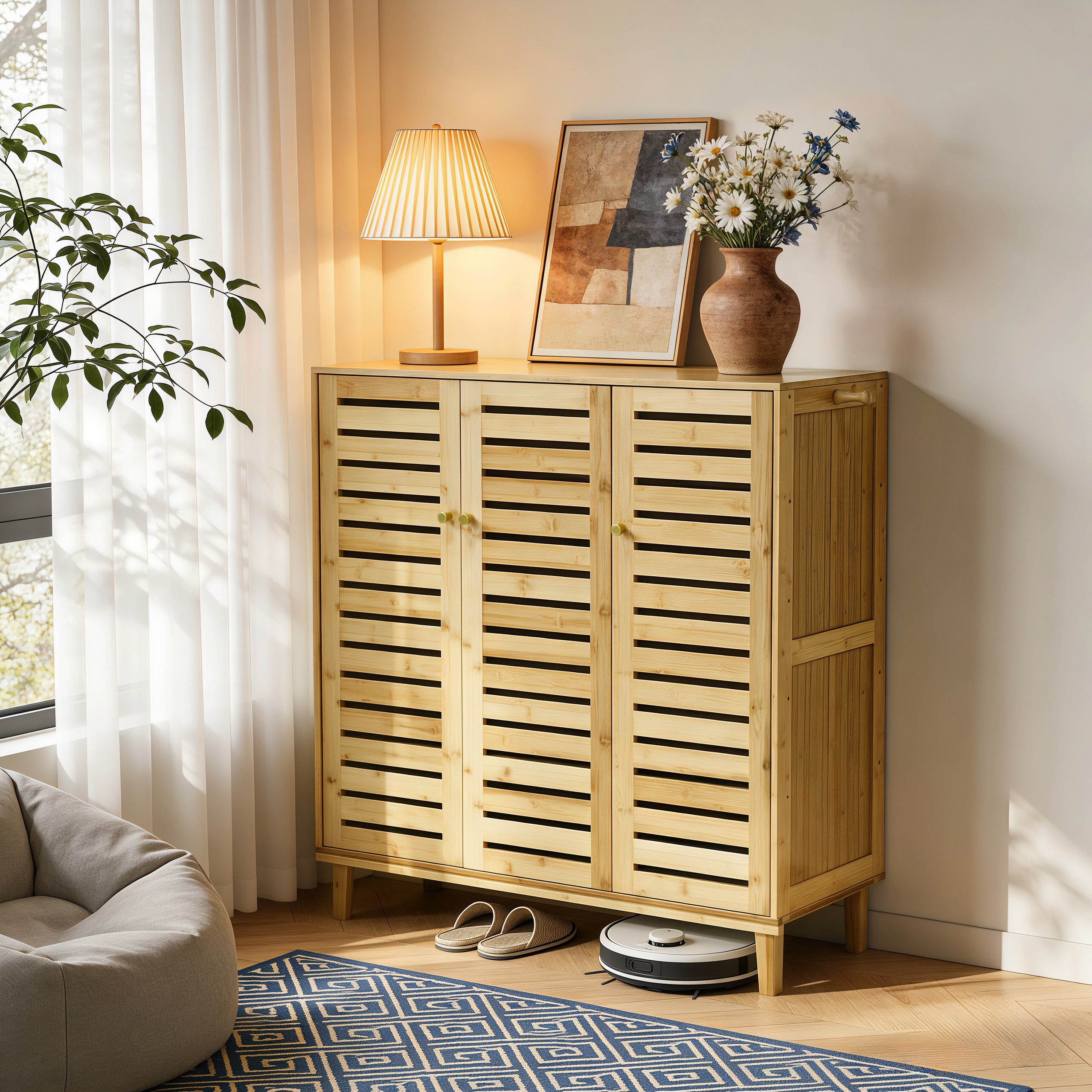 2/3 Doors Bamboo Shoes Storage Cabinet with Slatted Doors & Shelves for Entryway, Hallway