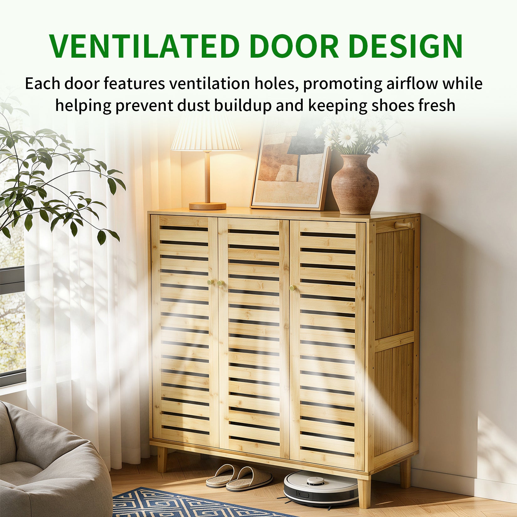 2/3 Doors Bamboo Shoes Storage Cabinet with Slatted Doors & Shelves for Entryway, Hallway
