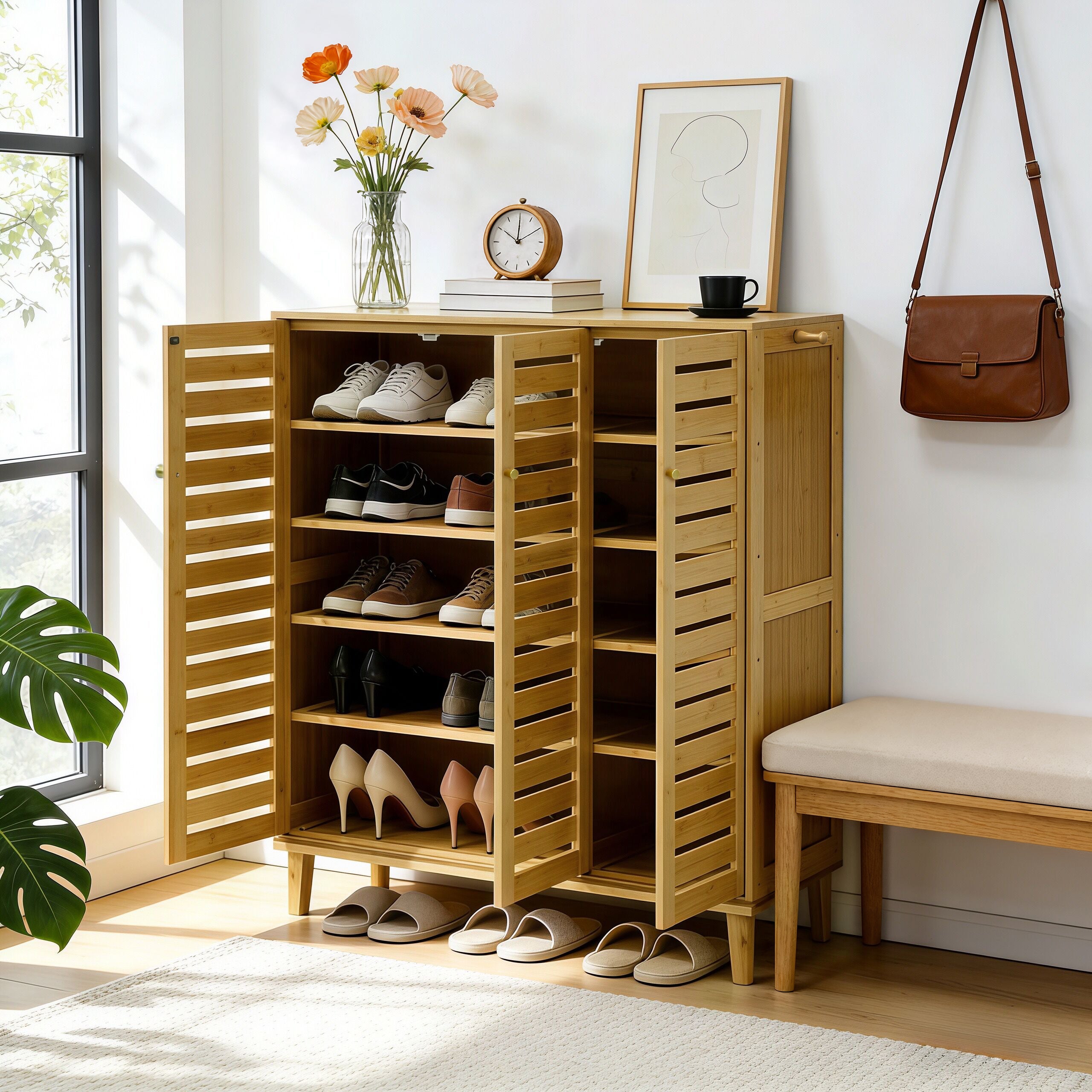 2/3 Doors Bamboo Shoes Storage Cabinet with Slatted Doors & Shelves for Entryway, Hallway