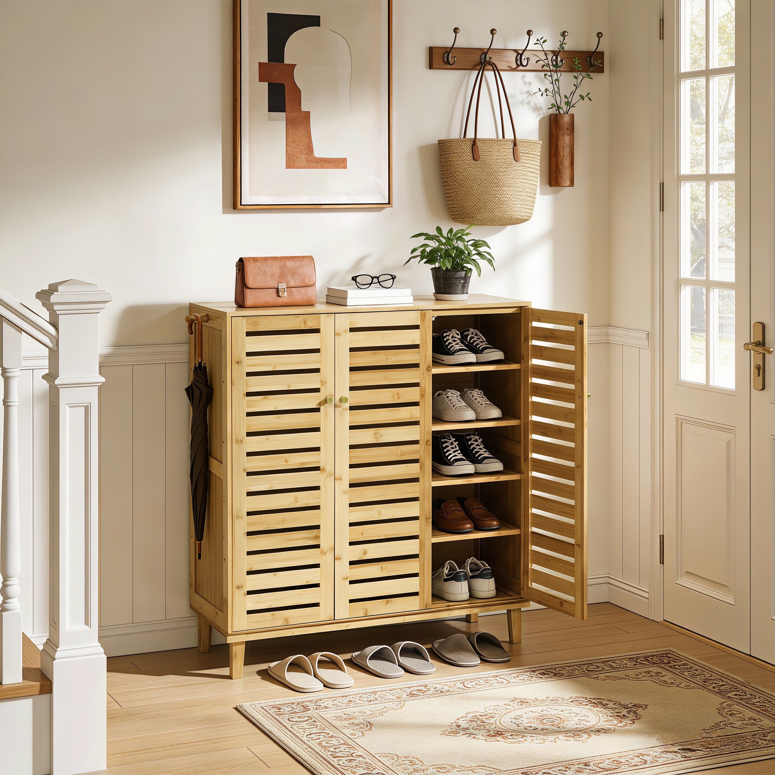 2/3 Doors Bamboo Shoes Storage Cabinet with Slatted Doors & Shelves for Entryway, Hallway