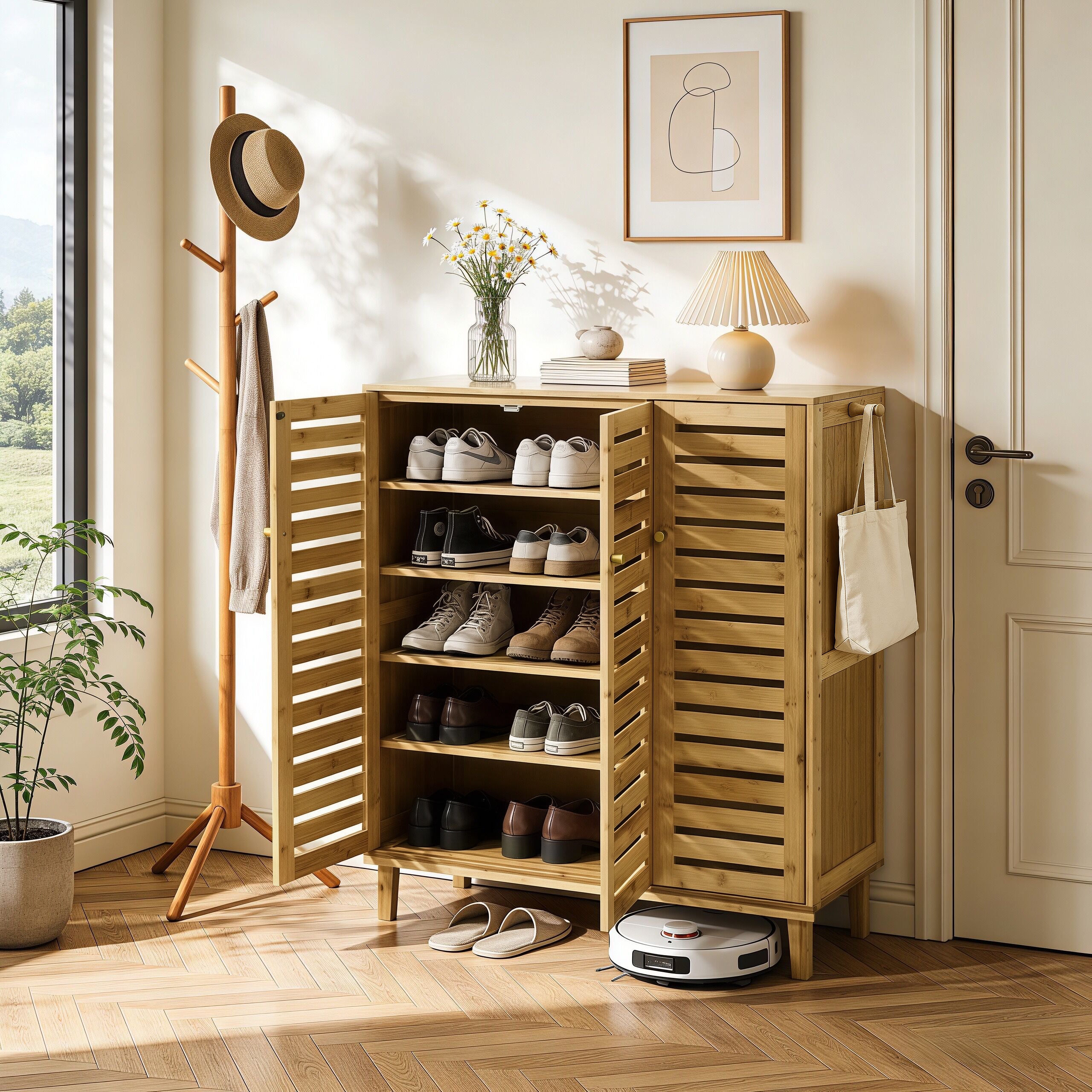 2/3 Doors Bamboo Shoes Storage Cabinet with Slatted Doors & Shelves for Entryway, Hallway
