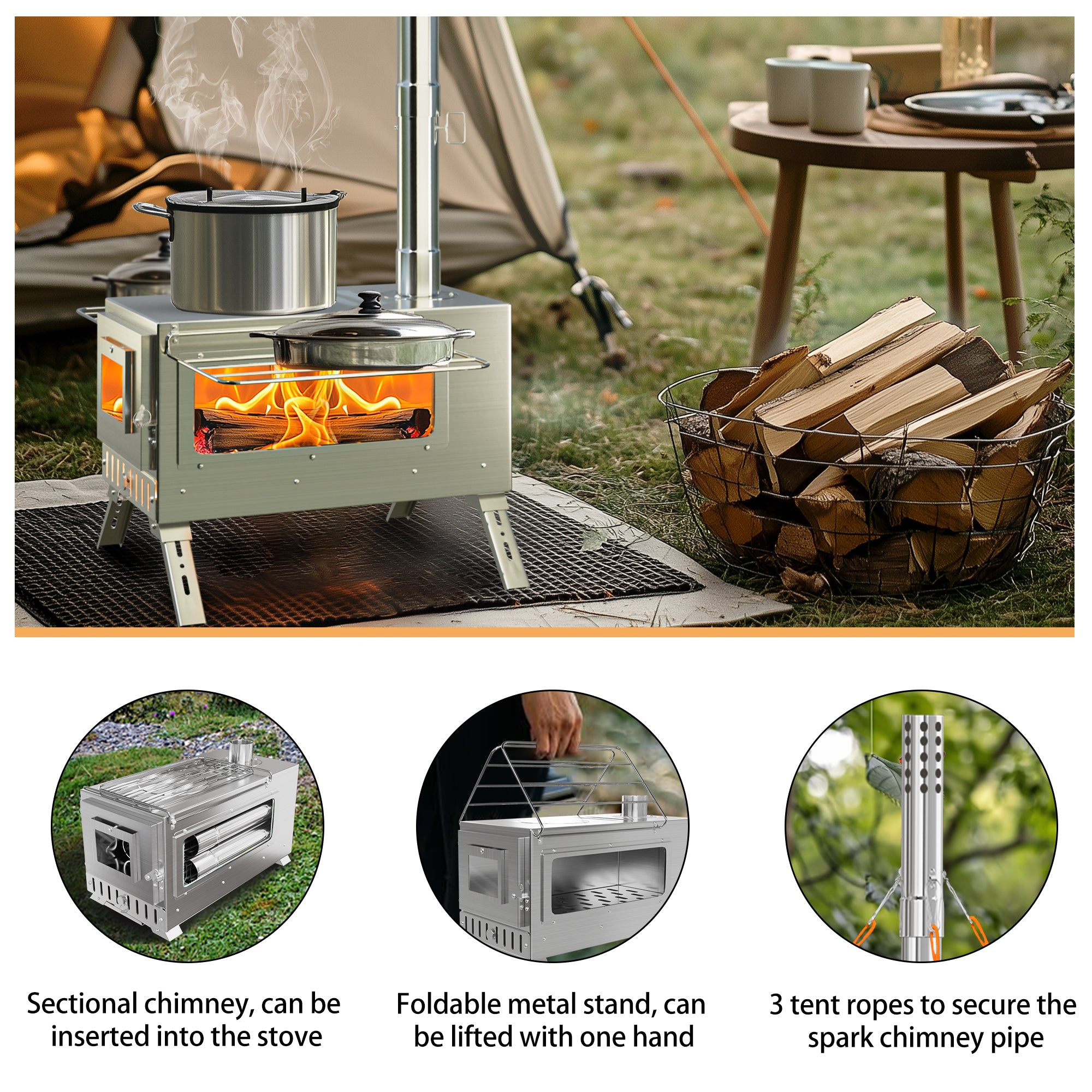 Outdoor Camping Tent Wood Burner Stove Fire Pit with 7 Chimney Pipes