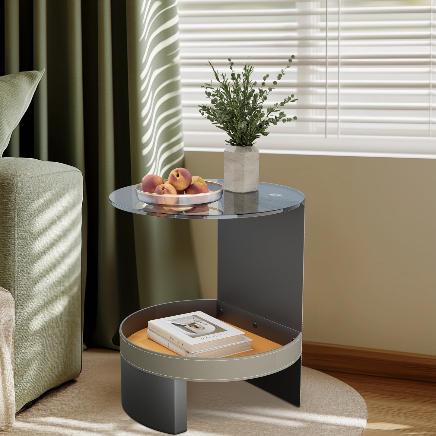 2-Tier Distinctive Sofa Side End Table Tempered Glass-top Saddle Leather Shelf