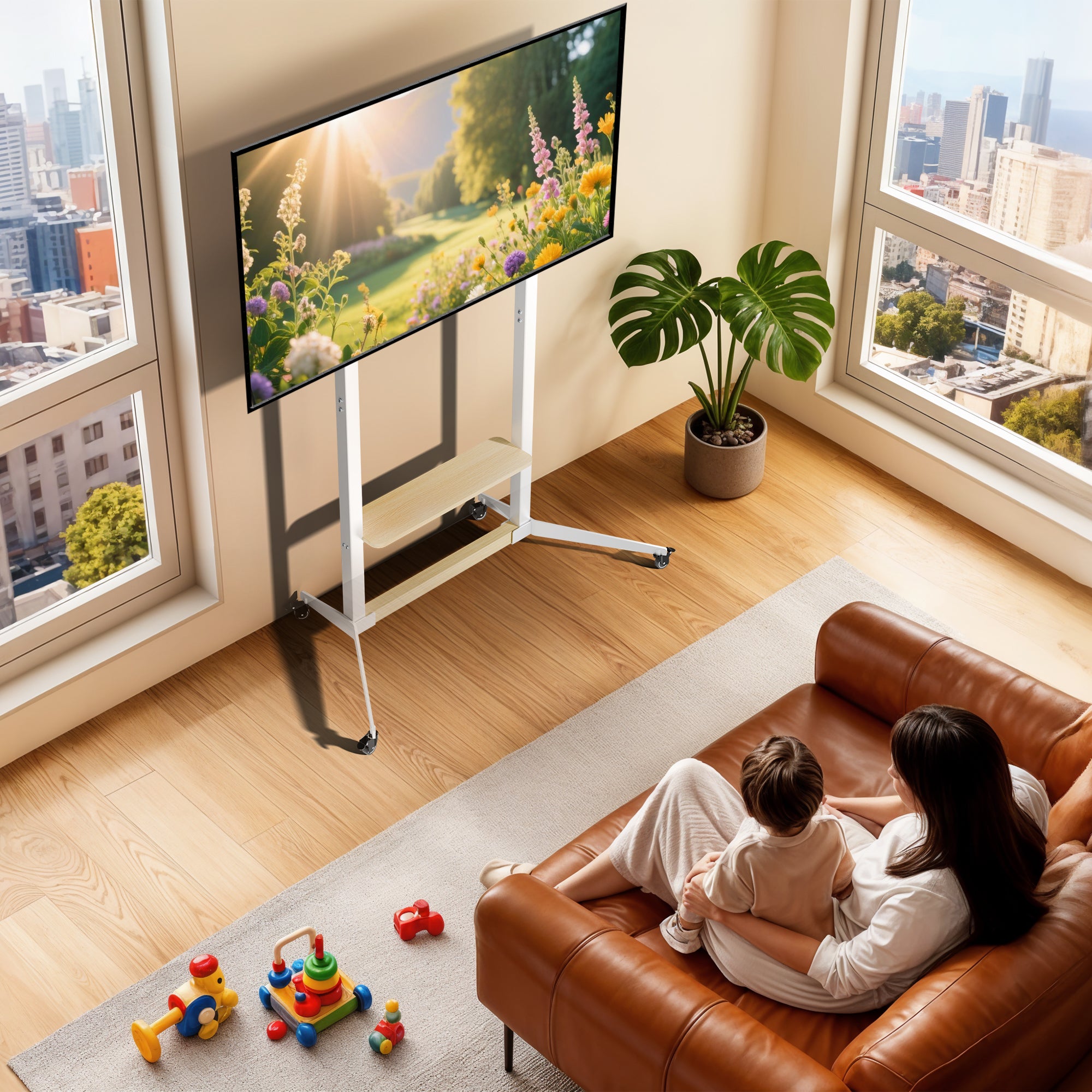 Mobile TV Floor Stand TV Cart 40”-100” TV Mount Stand Load 100KG with Wood Shelf