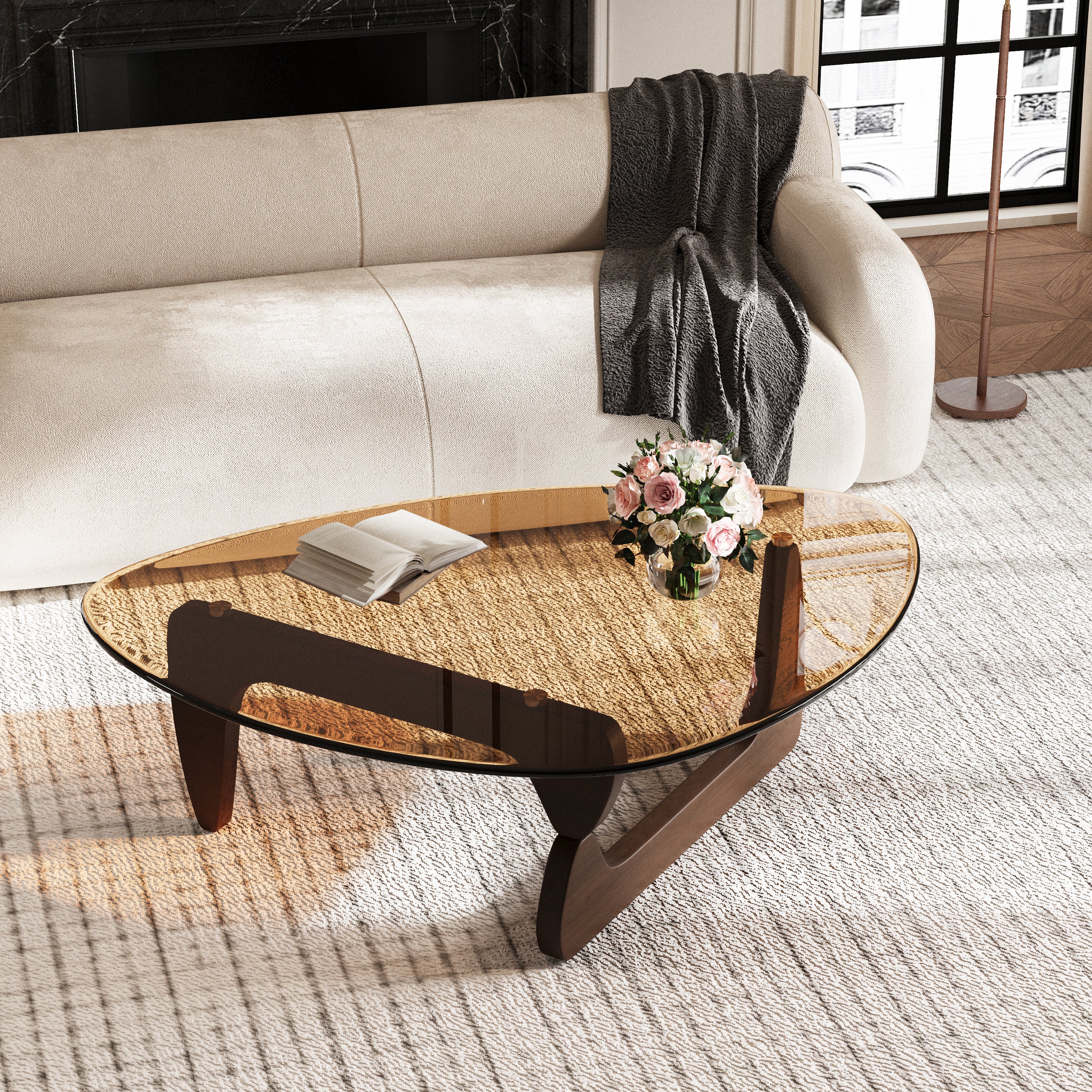 Triangular Glass Center Table Noguchi Coffee Table with Amber-tinted Tempered Glass Top