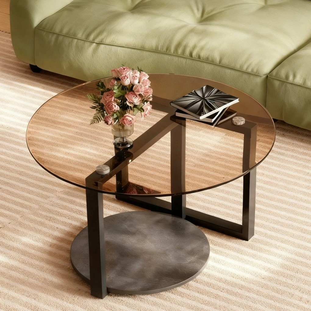Modern Round Coffee Table Circle Amber-Tinted Tempered Glass Cocktail Table with 2-Tier