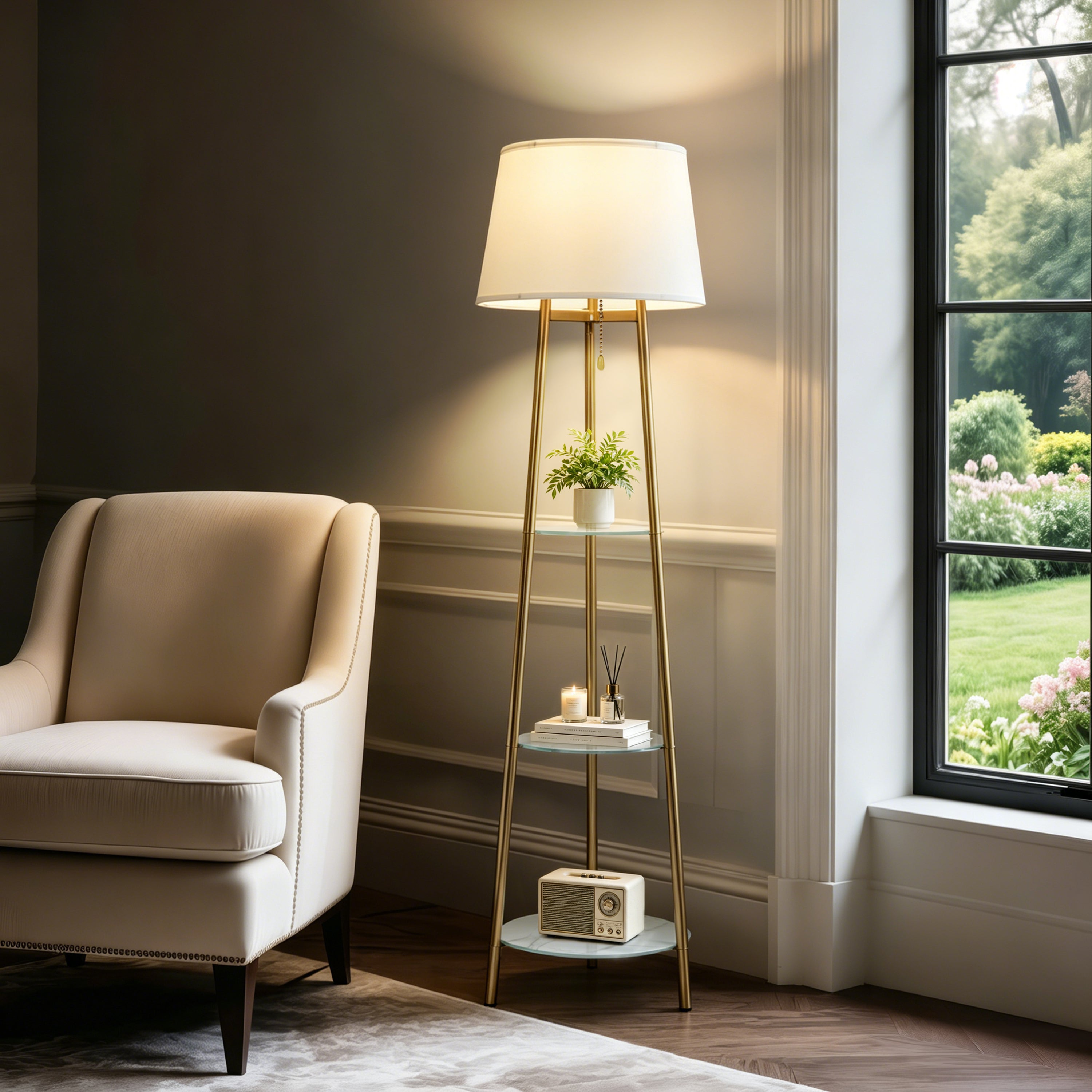 Mid Century Stativ LED Stehlampe mit Regalen
